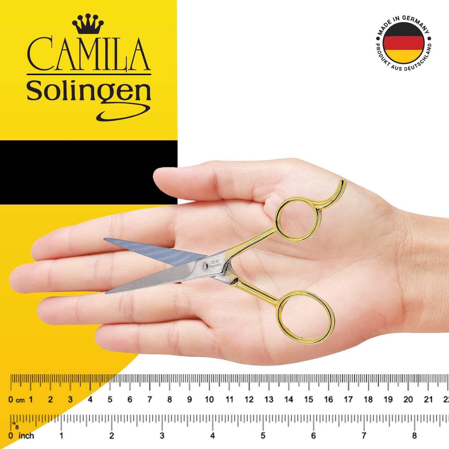 Camila Solingen CS07 5" Professional Sharp Barber Shears. Hypoallergenic Gold Plated Hair Cutting Scissors. For Men, Women and Kids Grooming. Made of Durable Stainless Steel in Solingen, Germany