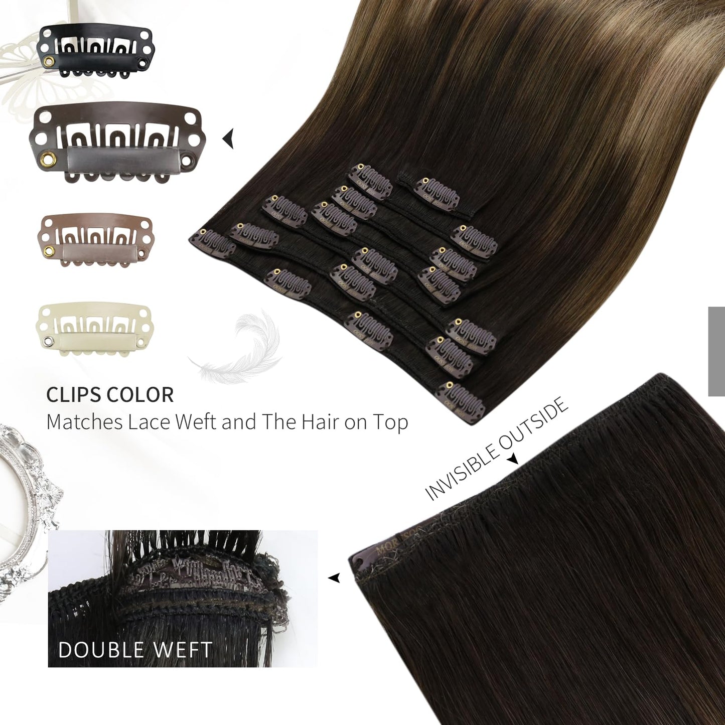 Moresoo Clip in Hair Extensions Human Hair Ombre Dark Brown to Dark Ash Blonde with Golden Blonde Balayage Hair Extensions for Women Clip in Human Hair Double Weft Clip in Extensions 18Inch 7Pcs 120G