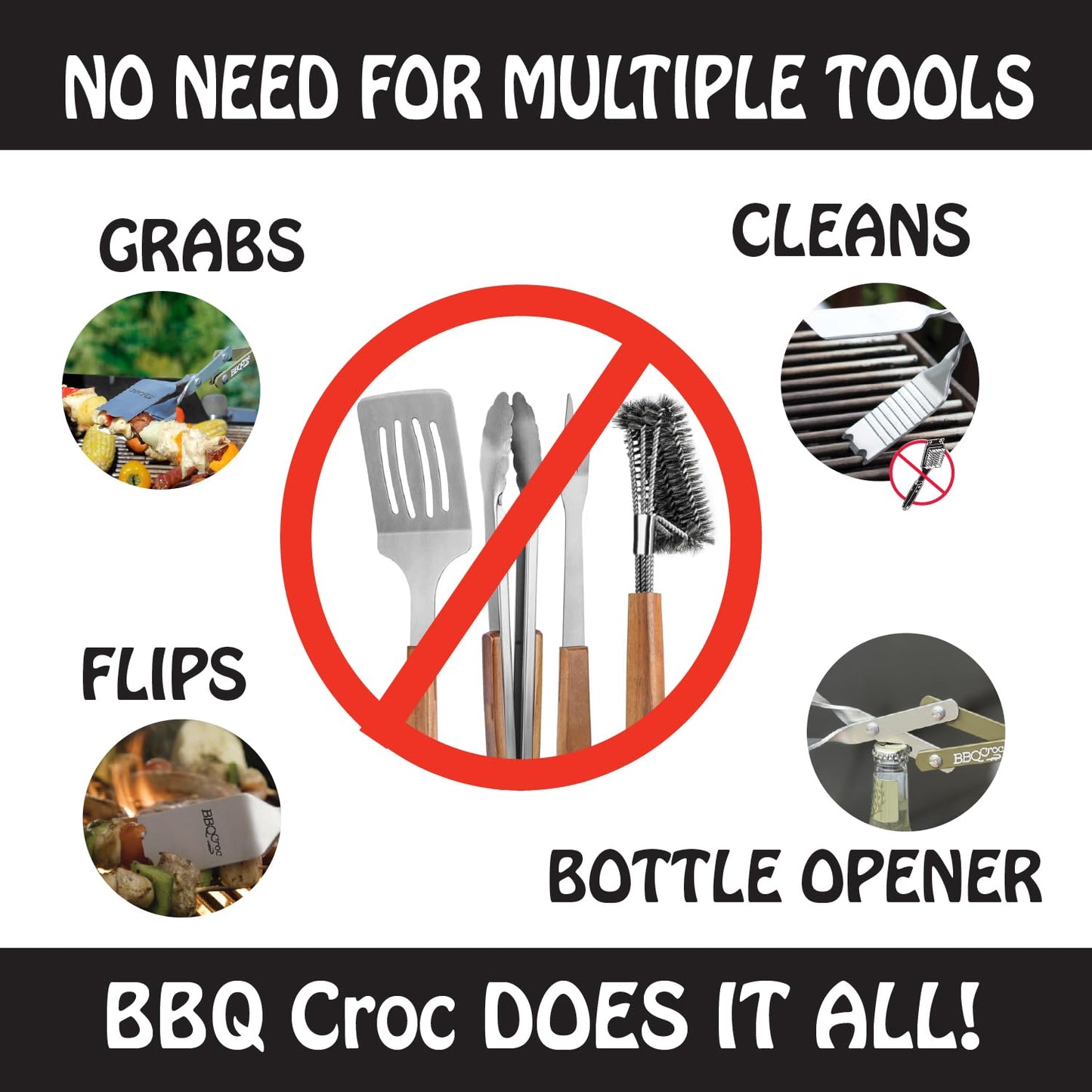 BBQ Croc 3 in 1 Barbecue Tool 15-inch - Extra Light Tongs, Spatula and Grill Scraper (Green) (15 inch (Pack of 2))