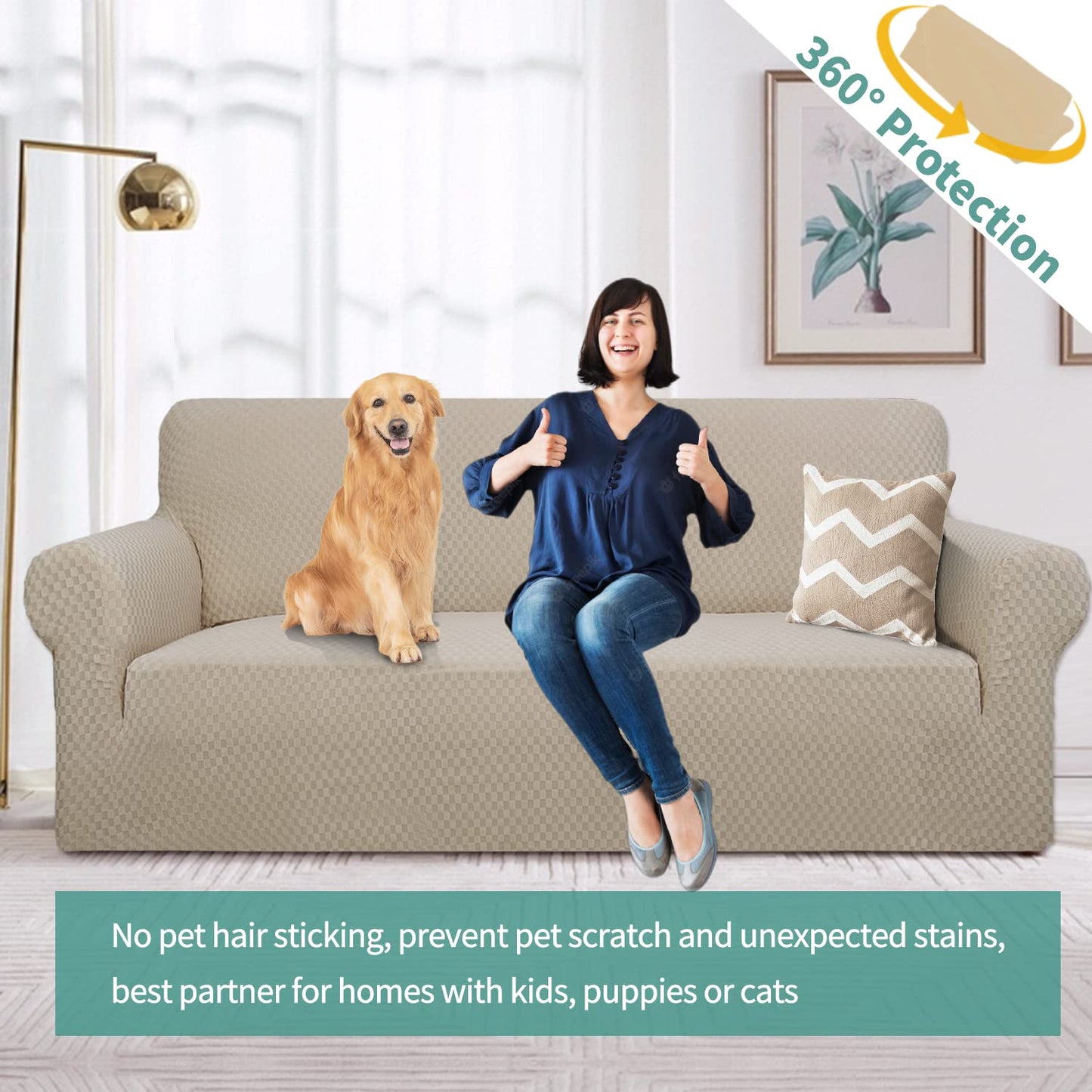 YEMYHOM Couch Cover Latest Jacquard Design High Stretch Sofa Covers for 3 Cushion Couch, Pet Dog Cat Proof Slipcover Non Slip Magic Elastic Furniture Protector (Large, Khaki)