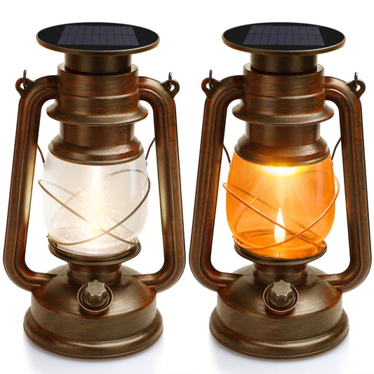 2 Pack Solar Hanging Lantern Outdoor, Solar Powered, Auto On/Off Waterproof LED Flame Umbrella Vintage Lights for Garden, Patio, Yard, Decorative Retro Solar Lights for Table, Party