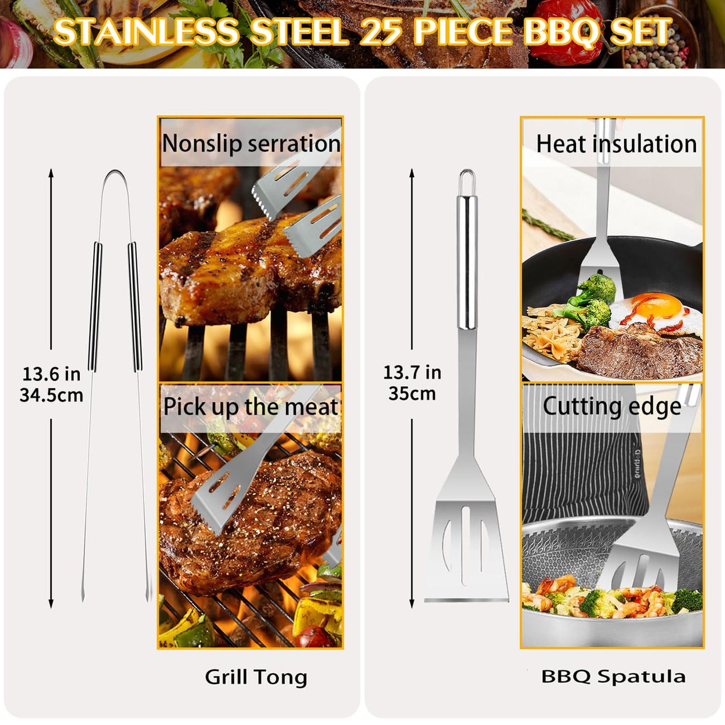 25 PCS BBQ Grill Accessories Tools Set, Stainless Steel Grilling Accessories Kit with Storage Case for Indoor & Outdoor Use, BBQ Utensils Set for Camping, Kitchen, Party, Backyard Barbecue (25 PCS)