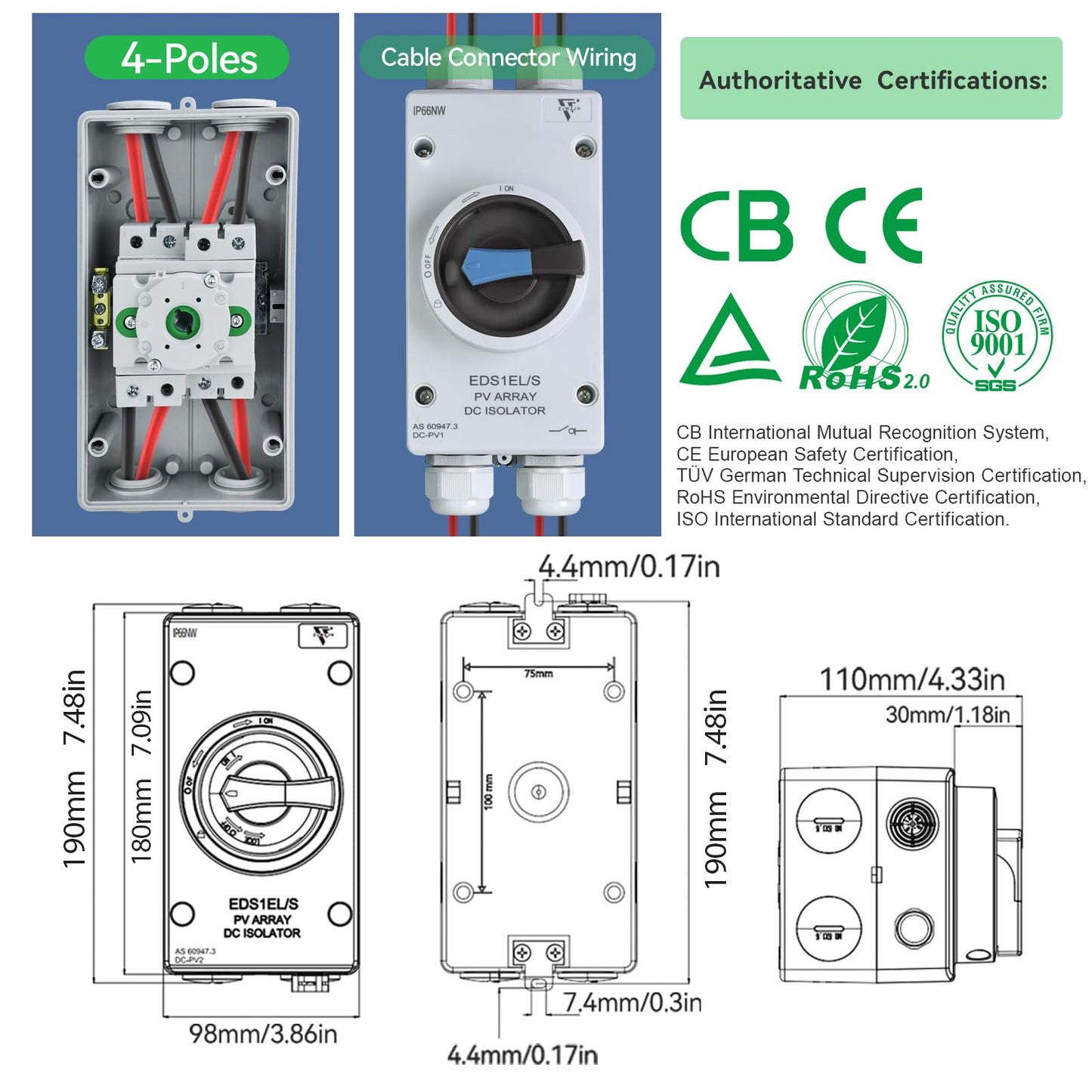 Solar Disconnect Switch DC1500V 32Amp 4-Pole Isolator Solar Switch with Waterproof IP66 Enclosure for Rooftop Solar Systems