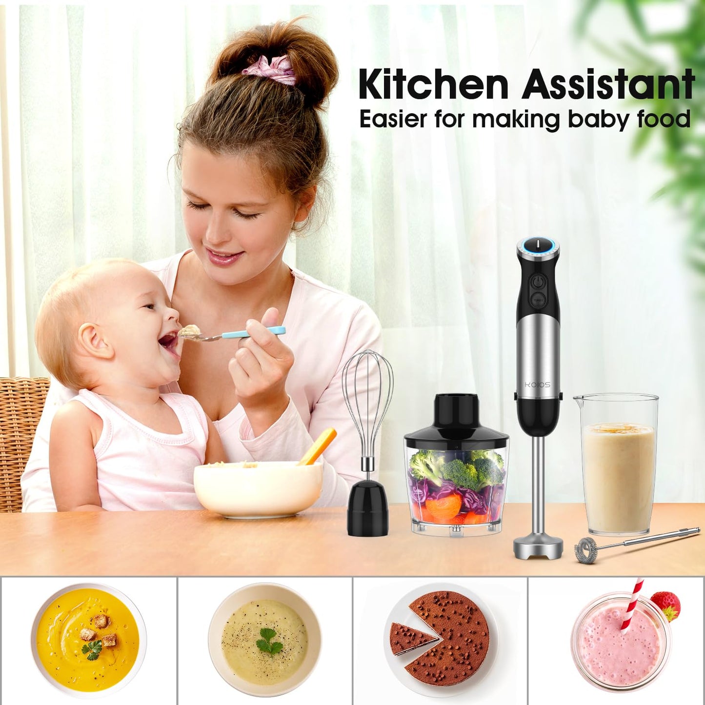 KOIOS 1000W 5 in1 Immersion Blender Handheld, 12-Speed & Turbo Mode Hand Mixer Stick Blender with Food Chopper, Beaker, Whis, Milk Frother, Non-BPA, Black