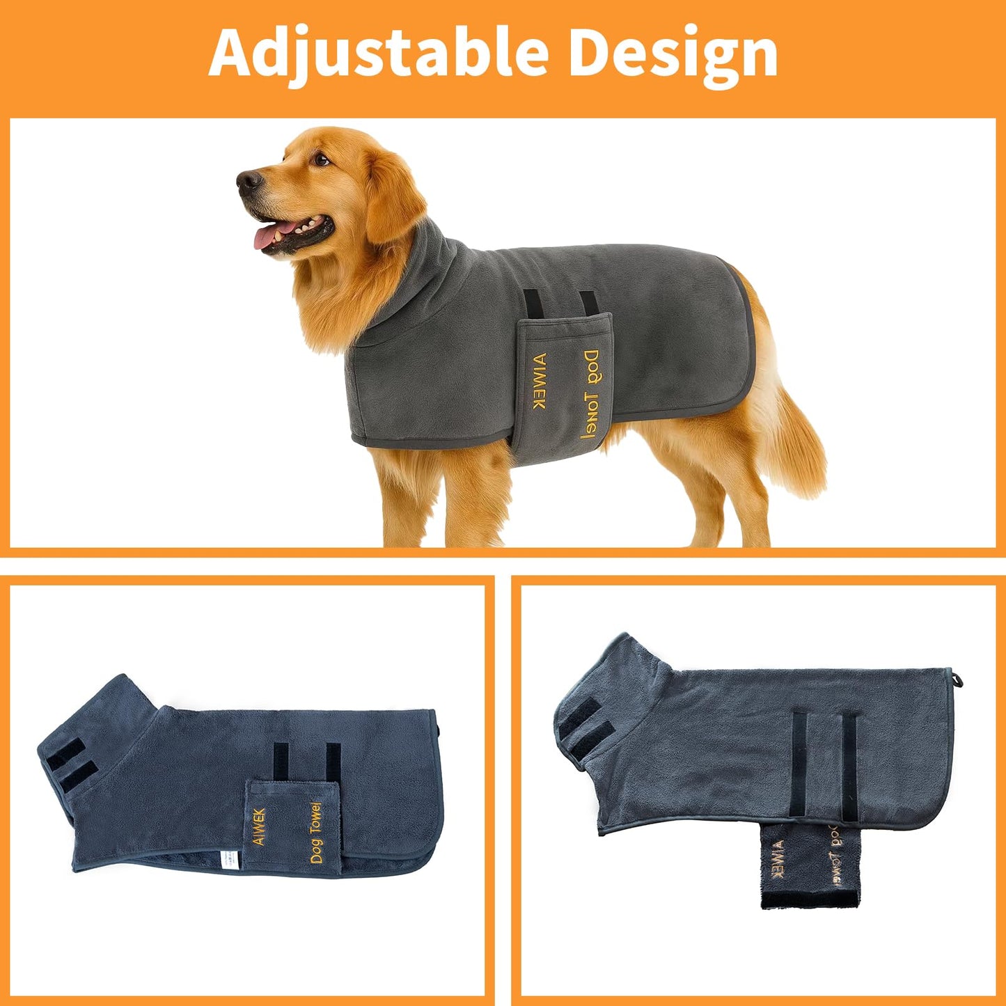 AIWEK Dog Towel Wrap Super Absorbent Dog Drying Coat Bath Robe for Puppy, Medium & Large Dogs, Fast Drying, Adjustable, for Pet Dogs & Cats Grey