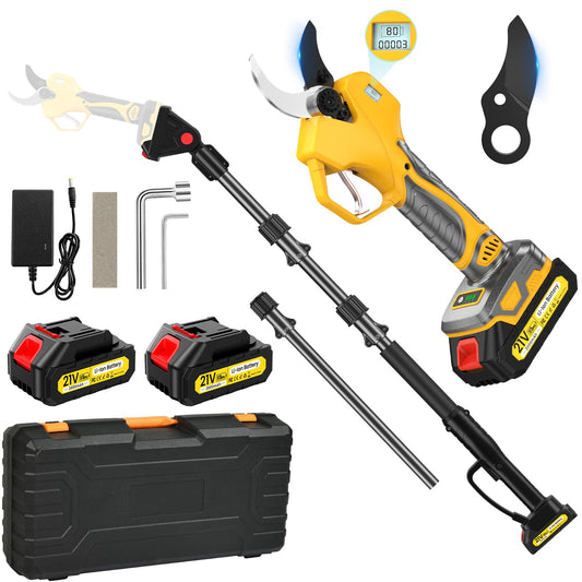 2-in-1 Cordless Electric Pruning Shears with 8FT Pole, Max Cutting Diameter 2 Inch, 21V 2 * 2Ah Battery Pruning Shears with LCD Display, 1000W Brushless Pole Pruner Garden for Tree, Branch Trimming