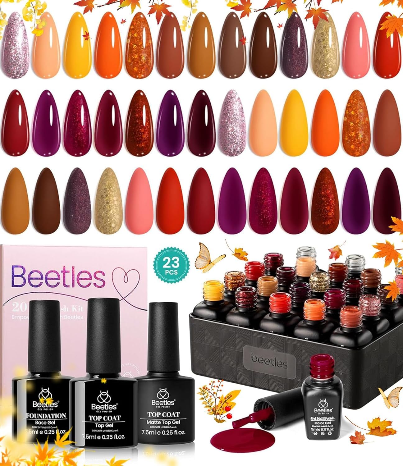 Beetles 23Pcs Fall Gel Nail Polish Kit Winter 20 Colors with Base Gel Top Coat Orange Brown Burgundy Red Gel Polish Set Soak off Uv Golden Glitter Holiday Nail Art Gift for Girls