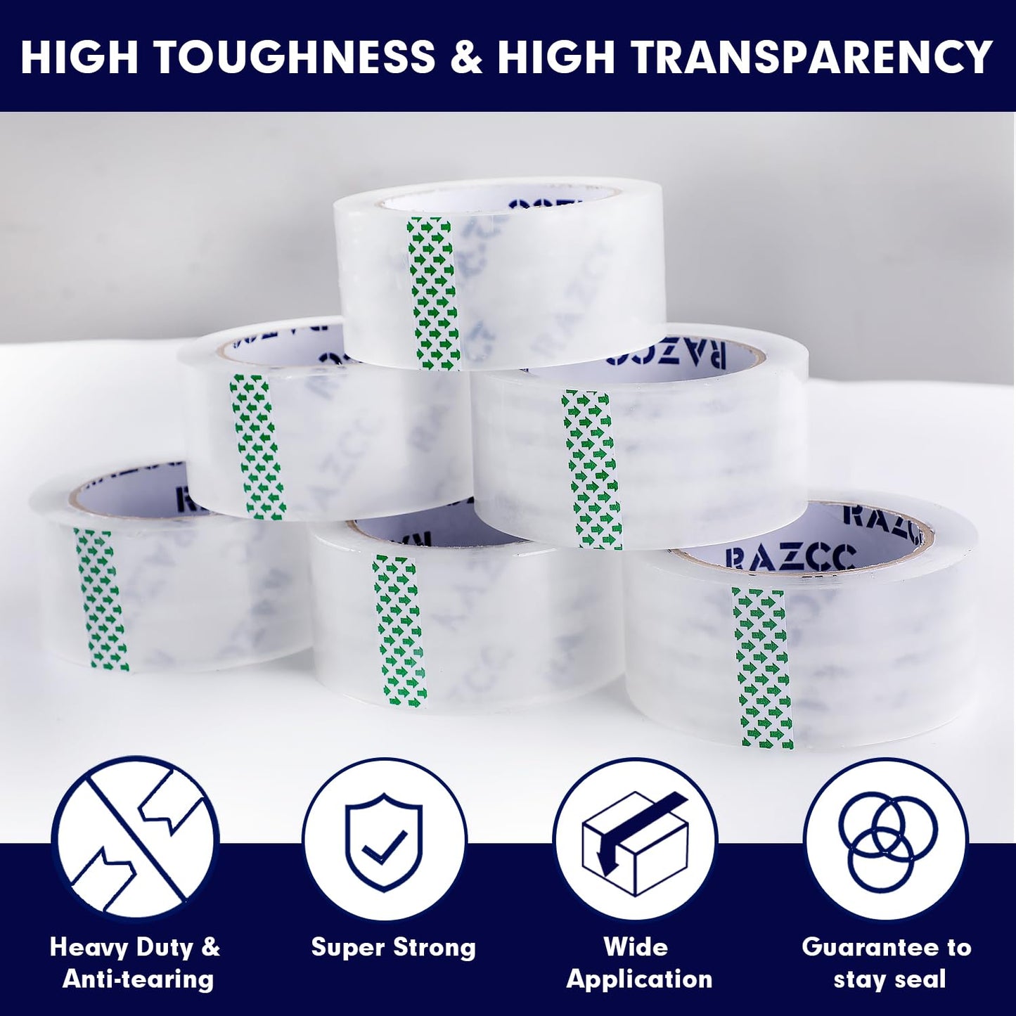 Packing Tape, RAZCC 36 Rolls Clear Heavy Duty Packaging Tape with Dispensers for Packing Shipping Moving Mailing, Thicker Sealing Tape - 1.88" x 65 Yard Per Roll, 2340 Total Yards
