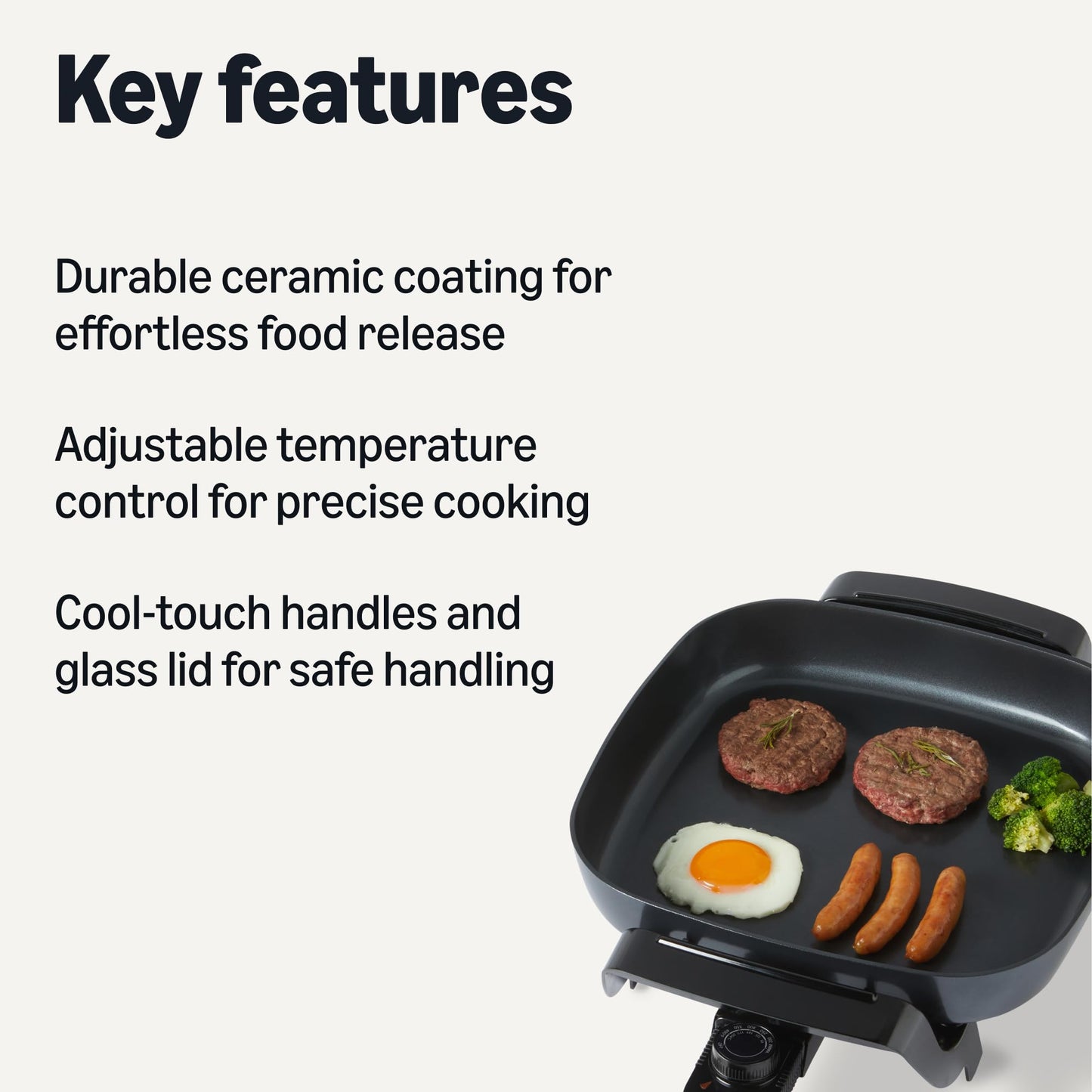 Amazon Basics Electric Skillet and Frying Pan with Glass Lid, Nonstick Ceramic Coating, 12 x 12 inches, Black