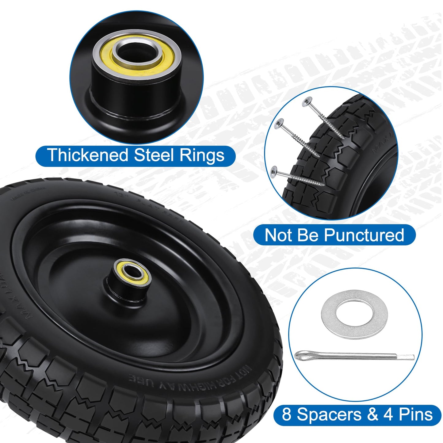 13 Inch Flat Free Wheels Tires 4.00-6 Solid Replacement with Universal 5/8" Axle Bore Hole, 8 Spacers and 4 Pins, for Wheelbarrow, Garden Wagon, Hand Truck, Trolley, Lawn Mower, 2 Pack