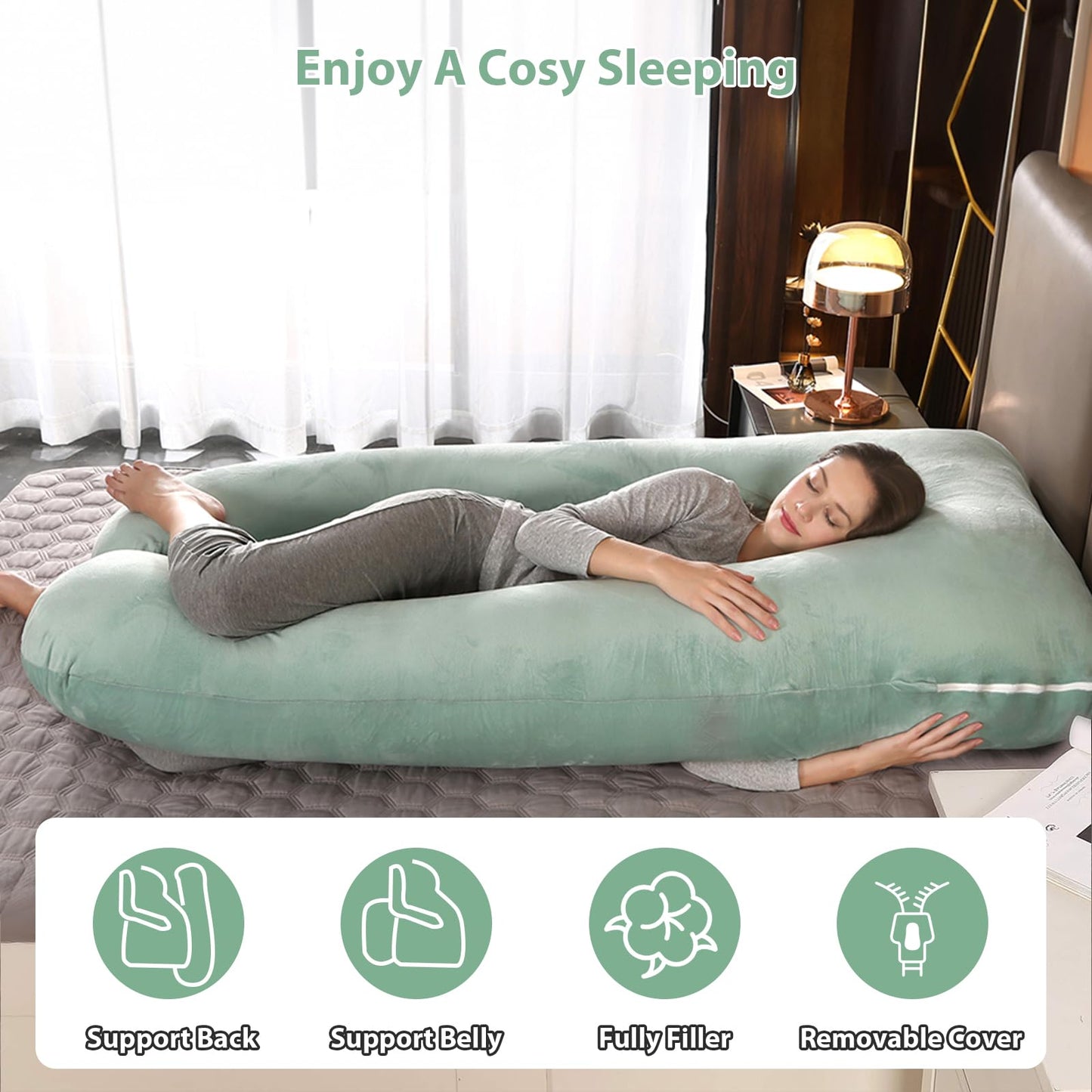 Amagoing 55 inches Pregnancy Pillows for Sleeping, U Shaped Maternity Full Body Pillow for Pregnant Women with Hip, Leg, Back, Belly Support, Washable Velet Cover Included (Velvet Mint Green)