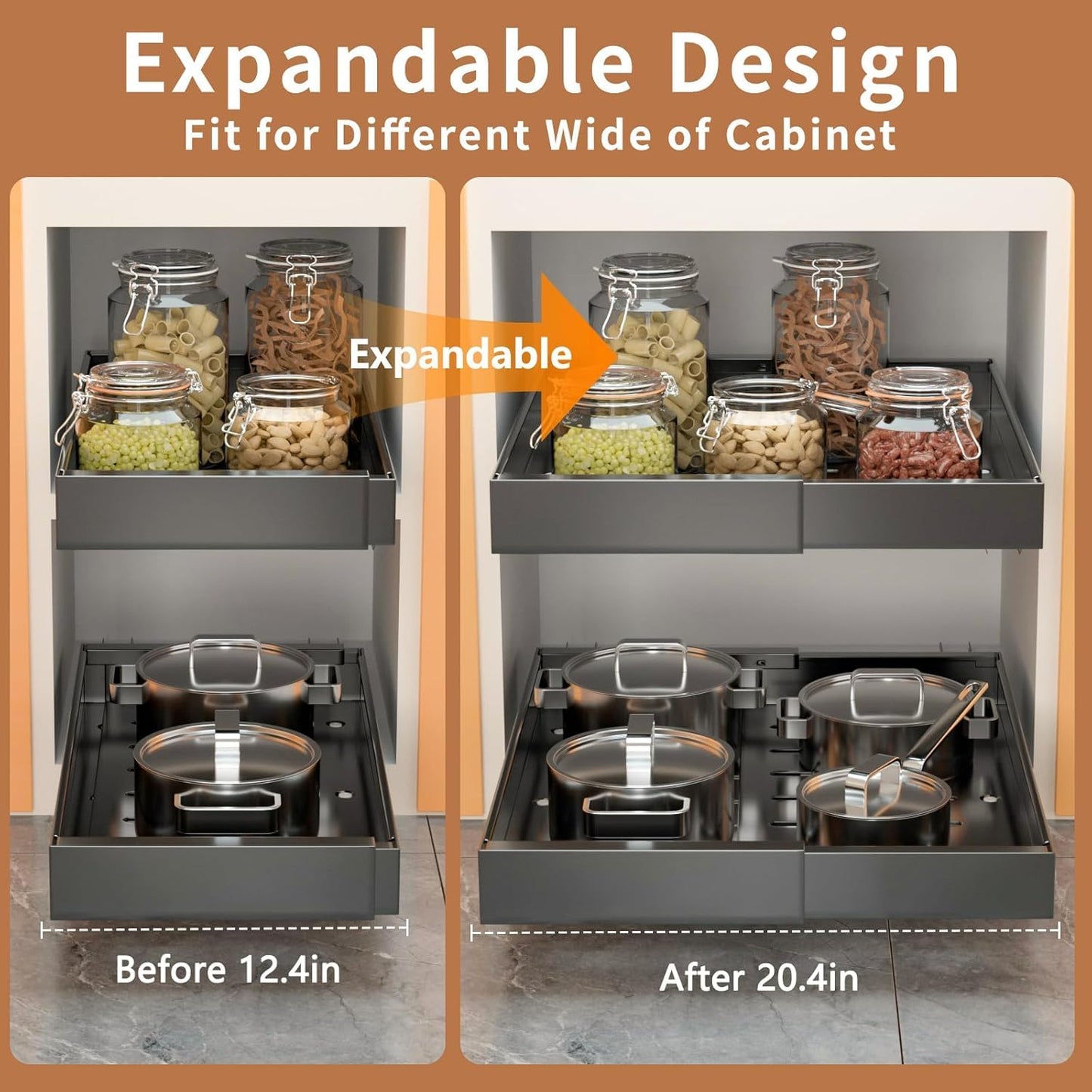 FENGBIAO 2 Pack Expandable Pull Out Cabinet Organizer 21" Deep, Upgrade 3 Slide Rails Slide Out Drawers for Kitchen Cabinets, No Drill Roll Out Shelves Adhesive, Adjustable Width 12.4"-20.4" Black