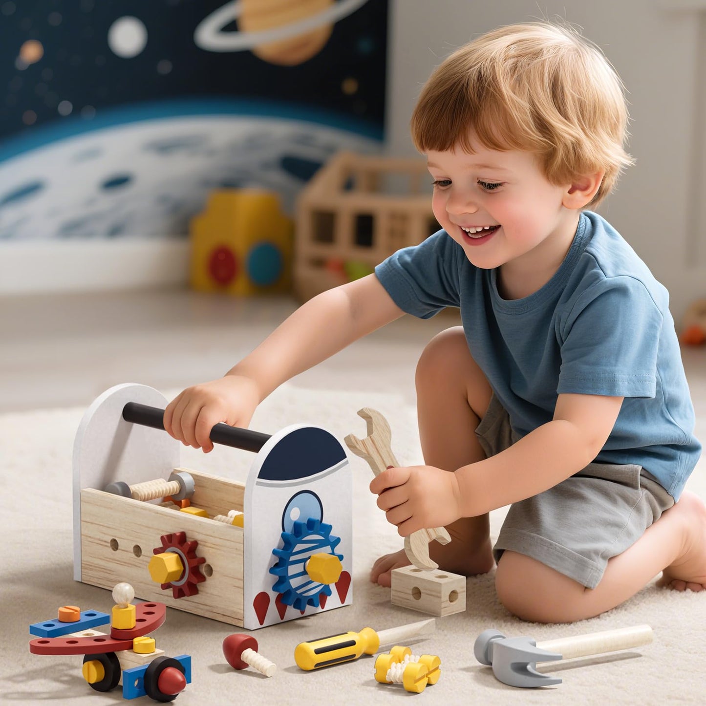 Wooden Kids Tool Set, 2 Year Old Boy Toys, Space Theme Construction Toys, Birthday