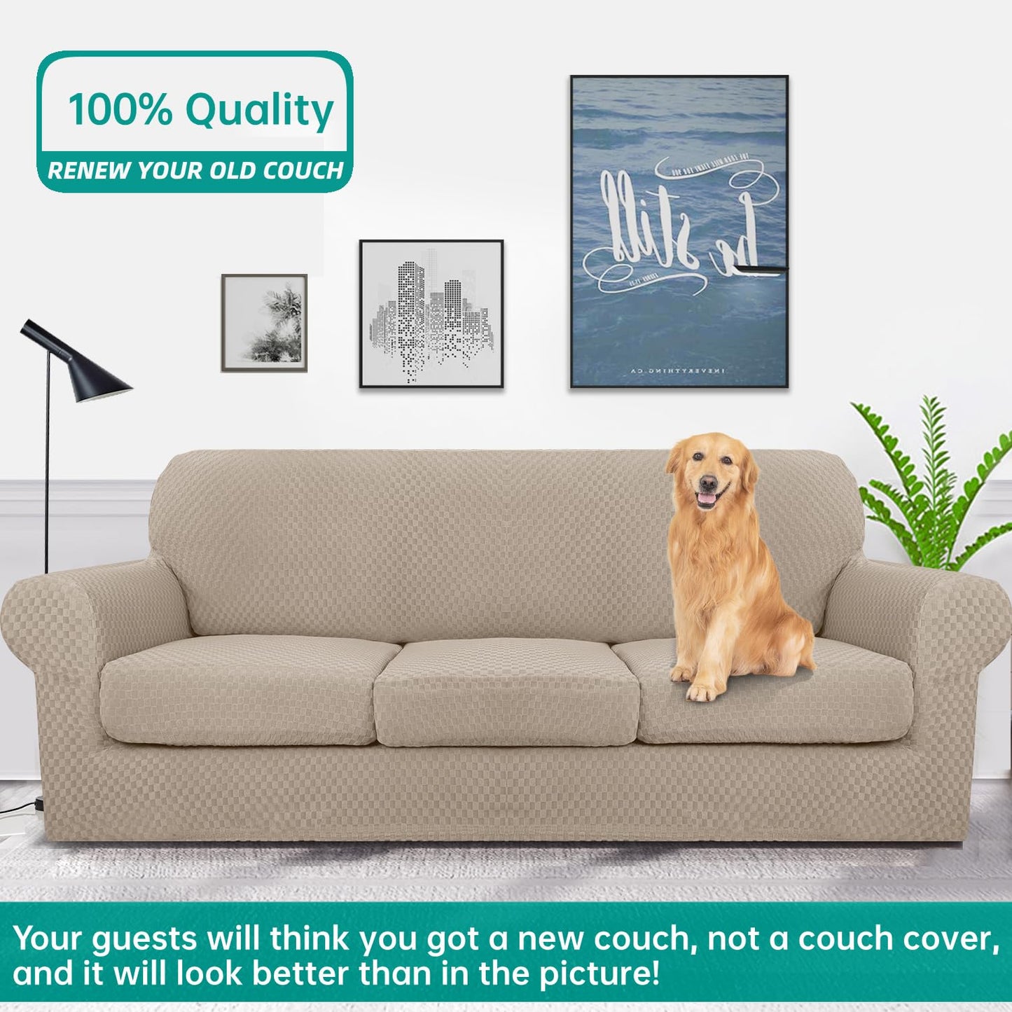 YEMYHOM Latest Checkered 4 Pieces Couch Covers for 3 Cushion Couch High Stretch Thickened Sofa Cover for Dogs Pets Anti Slip Elastic Slipcovers Living Room Furniture Protector (Sofa, Khaki)