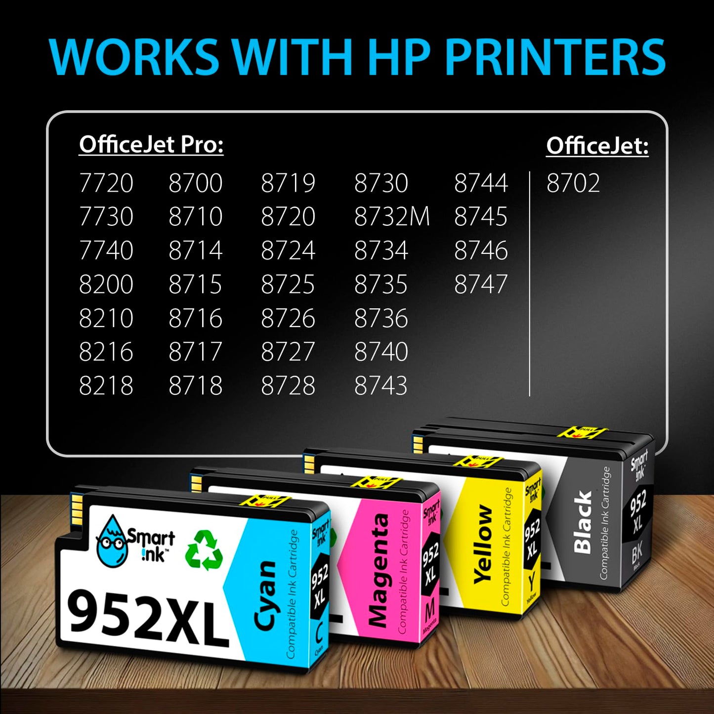 Smart Ink Compatible Ink Cartridge Replacement for HP 952 952XL (4 Combo Pack) Advanced Chip Technology to use with OfficeJet 8702 OfficeJet Pro 7720 7740 8210 8216 8710 8715 8720 8725 8728 8730 8745