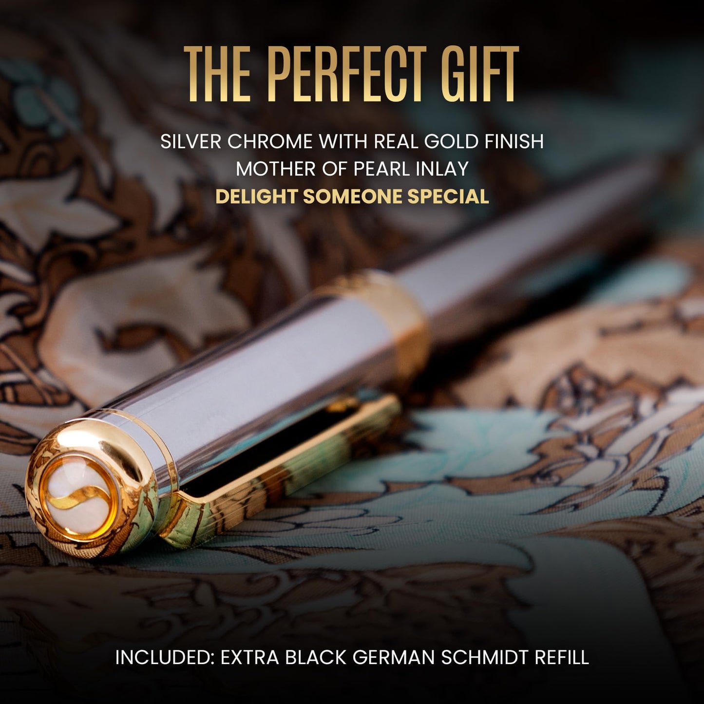 Scriveiner Silver Chrome Rollerball Pen - Stunning Luxury Pen with 24K Gold Finish, Schmidt Ink Refill, Best Roller Ball Pen Gift Set for Men & Women, Professional, Executive Office, Nice Pens