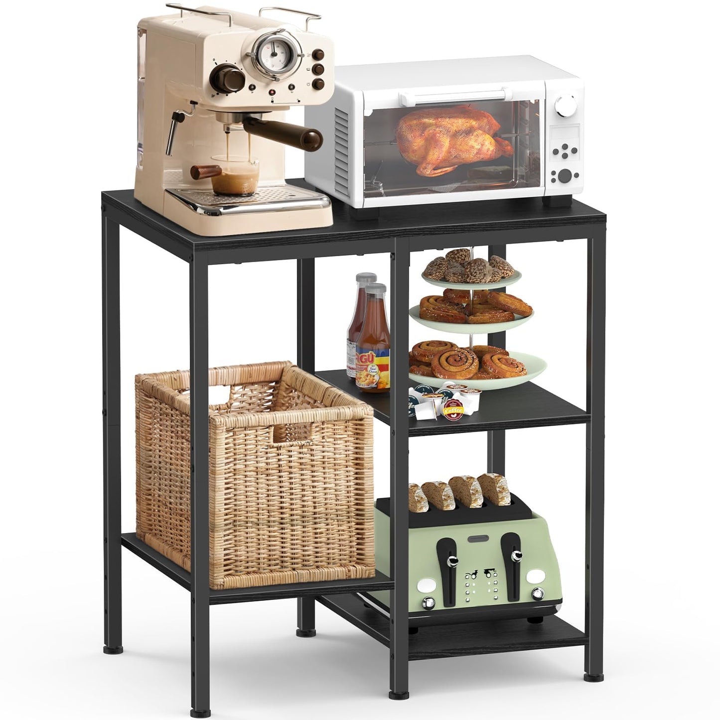 Kitchen Microwave Stand,4-Tier Adjustable Bakers Rack,Multi-Purpose Kitchen Storage Cart for Coffee Station,Space-Saving Metal Appliance Shelf for Living Room (Black)