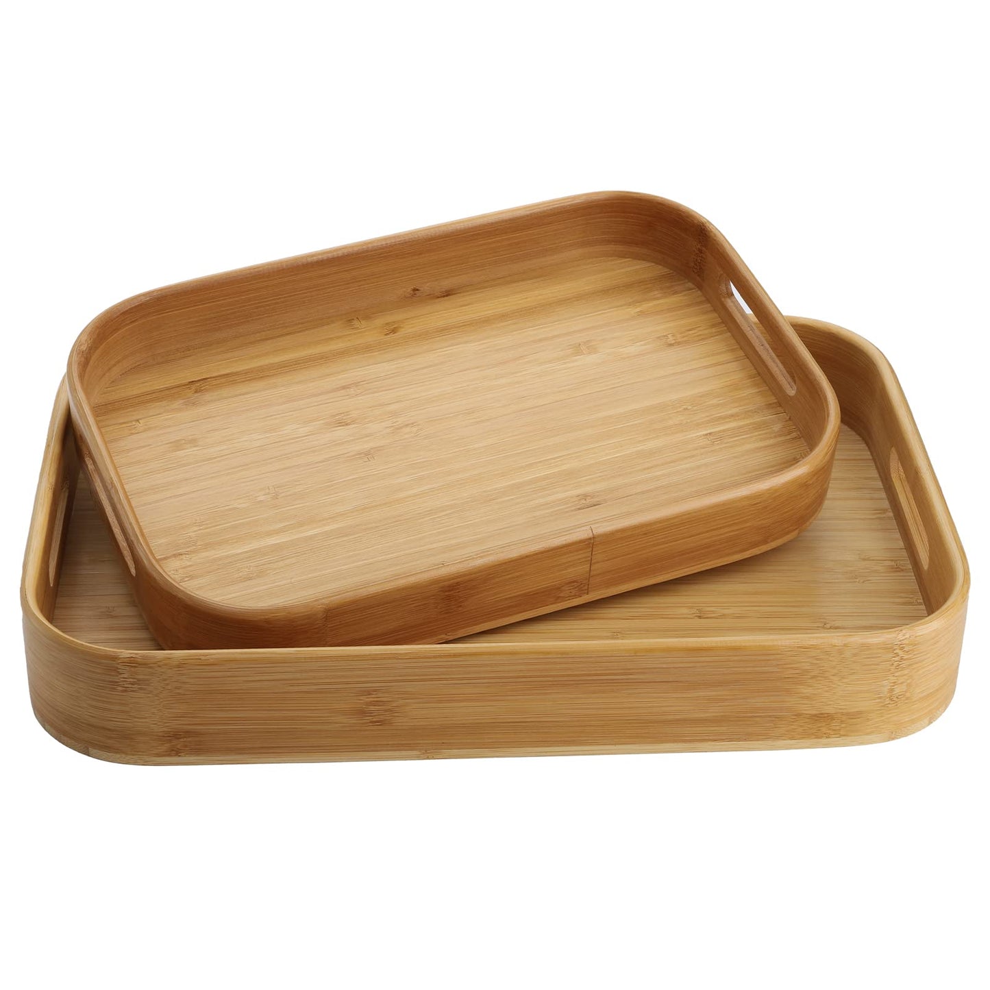 Dicunoy Set of 2 Bamboo Serving Tray, Solid Wood Breakfast Tray with Handles, Large Bamboo Food Tea Trays Great for Dinner, Coffee, Bar, Parties, 15.6" L x 10.8" W /12.6" L x 8.5" W