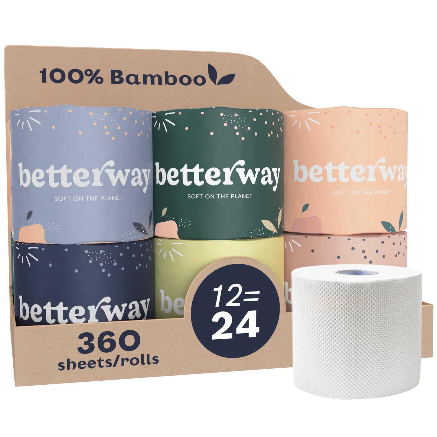 Betterway Bamboo Toilet Paper 3 PLY - Eco Friendly, Sustainable Toilet Tissue - 12 Double Rolls & 360 Sheets Per Roll - Septic Safe - Organic, Plastic Free, Compostable & Biodegradable - FSC Certified