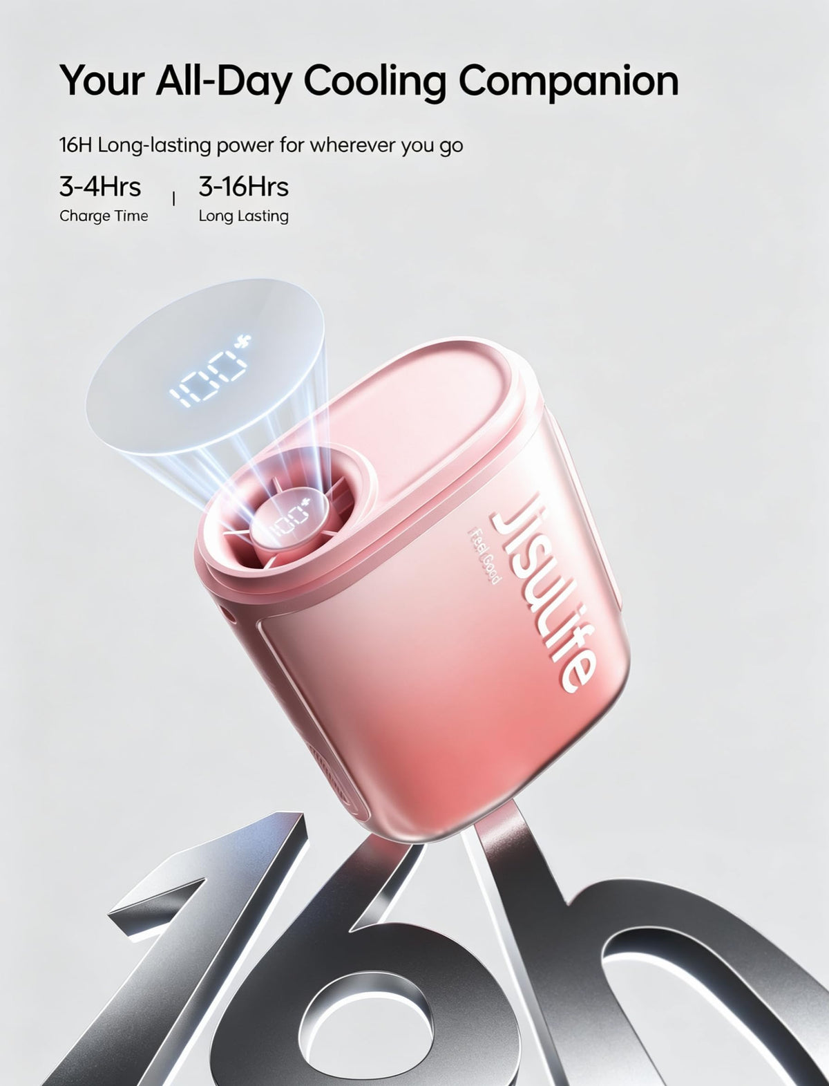 JISULIFE Portable Neck Fan, 100 Speed 40000RPM Cooling, Mini Personal Wearable Waist Fan, 16H 4500mAh Battery with LED Display, Outdoor, Travel, Jobsite Gifts for Women Men (Pink)