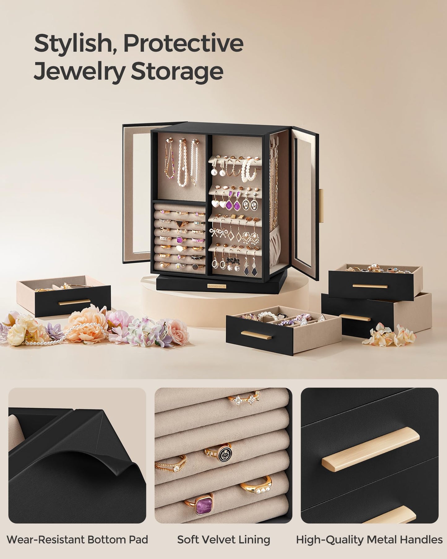 SONGMICS GISELLA Collection - Jewelry Box Organizer 360° Rotating, Large Vertical Jewelry Storage Case with 5 Drawers, Shiny Metal Hardware, Glass Window, Gift Idea, Ink Black UJBC170B01