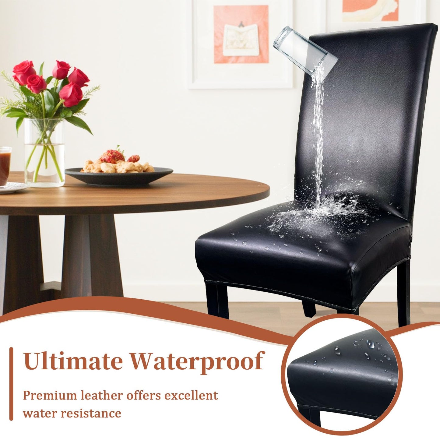 Pu Leather Chair Covers for Dining Chairs Set of 4, Waterproof Kitchen Chair Covers Protect Chairs from Stain, Soft & Elastic Parsons Chair Slipcover Well-Fitted for Dinning Room(Black, 4Pcs)