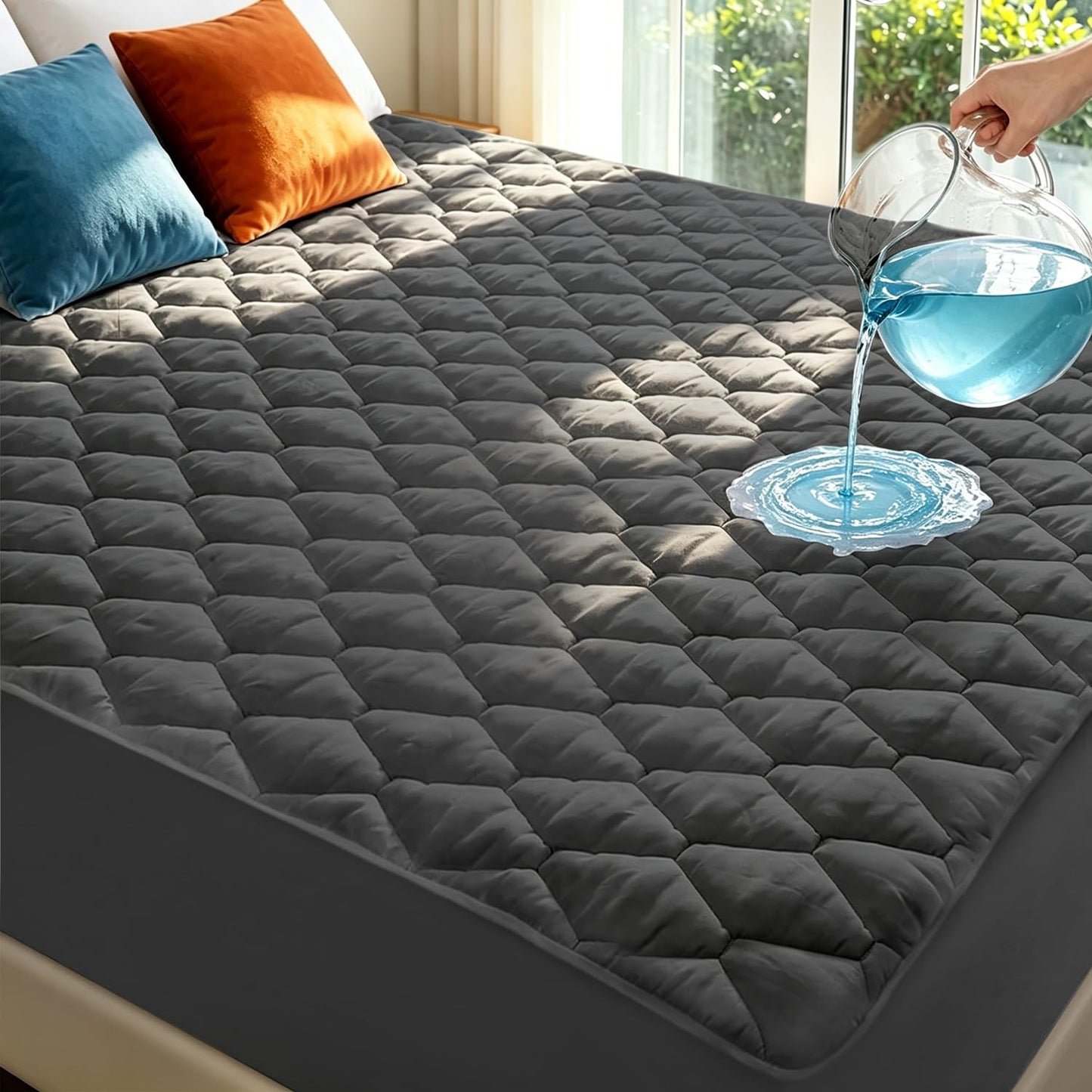 King Size Mattress Protector Waterproof Washable Mattress Padded Cover Fitted Bed Protection Noiseless Plastic Bed Pad Deep Pocket Up to 18“ Soft and Breathable（Gray）