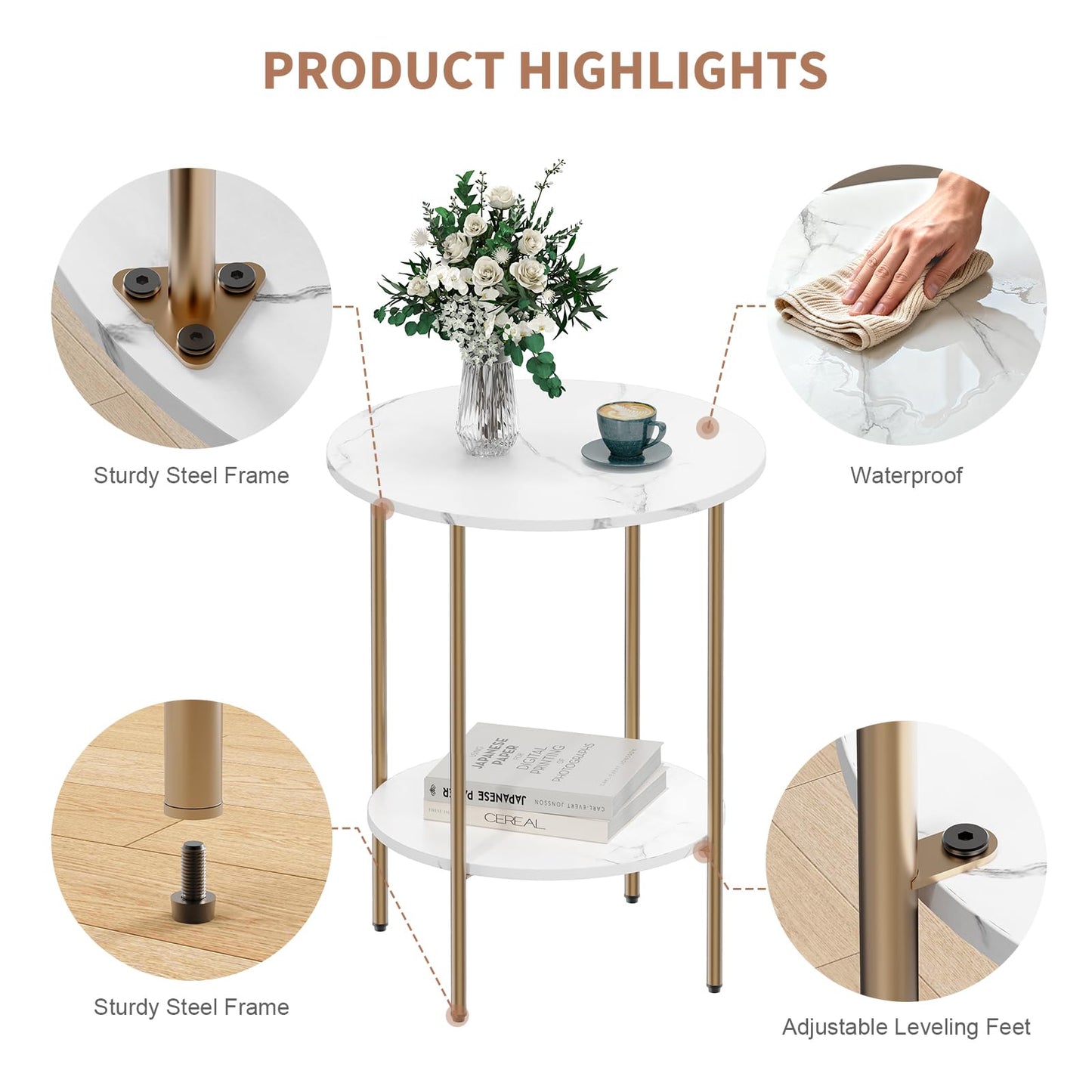 CAMOAT Side Table,Round End Table with 2 Storage Shelves| Compact Side Tables for Living Room, Couch, Office & Bedroom | Narrow Accent Table as Space-Saving Small Bedside Table (Marble White)
