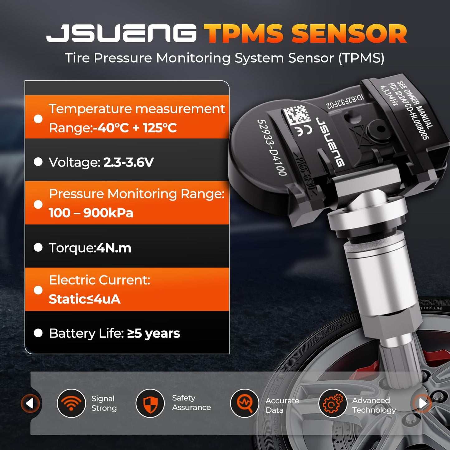TPMS Sensor, 433MHZ Tire Pressure Monitoring Sensor fit for Hyundai Sonata Veloster Kona Elantra, fit for Kia Niro Soul, Pre-Programmed TPMS Sensor Replaces 52933-D4100 52933F2000 52933D9100 4 Pack