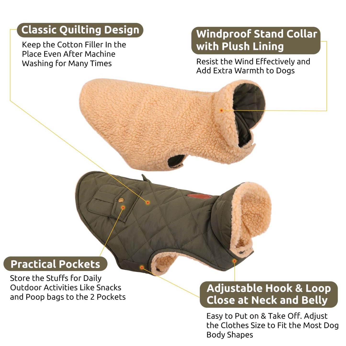 Queenmore Warm Dog Coat, Cold Weather Puffer Dog Jacket with Ultra Thick Plush Lining, Storage Pockets (Green, Large)
