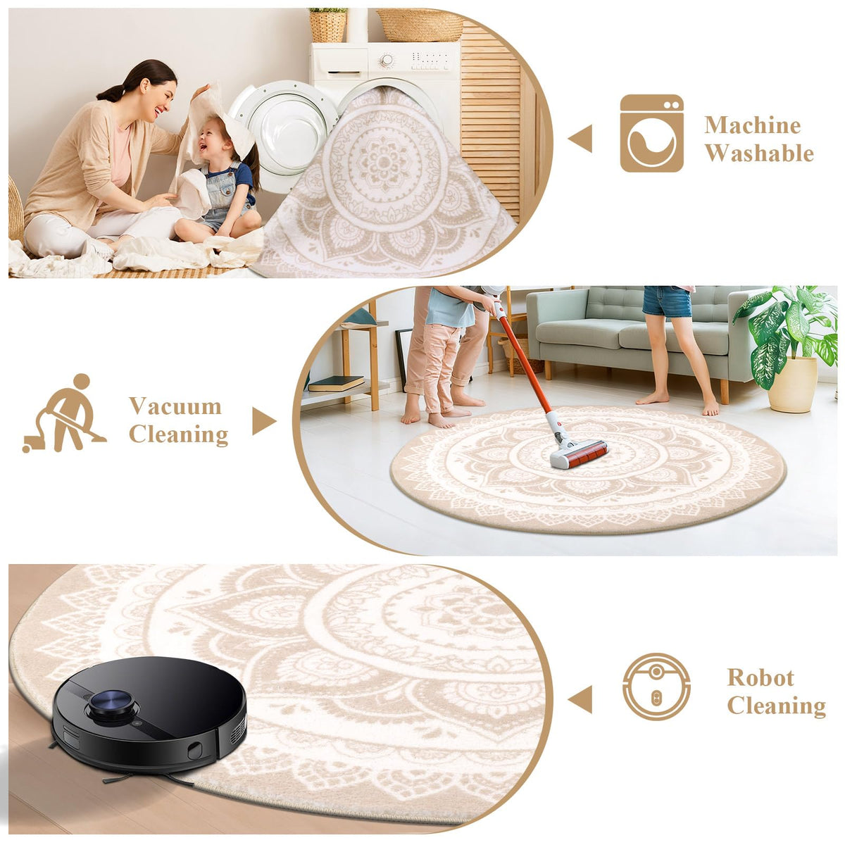 HEBE 5.25 Ft Large Round Area Rug Soft Chic Bohemian Mandala Rugs Machine Washable Non Slip Indoor Sofa Floor Area Mat Carpet for Living Room Sofa Bedroom Nursery Decor