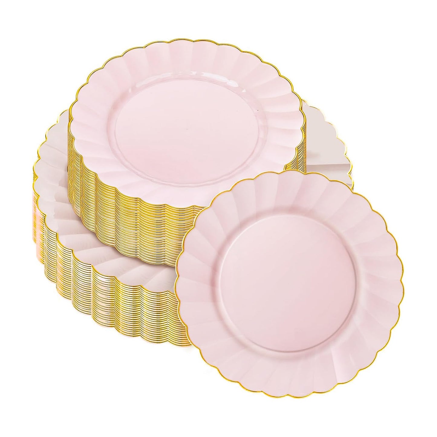 mwellewm 50 Pcs Pink Scalloped Plastic Plates Disposable Party Plates with Gold Rim 25pcs Fancy Decorative Dinner Plates 10" 25pcs Heavy Duty Dessert Plates 7.5" Perfect for Wedding Baby Shower