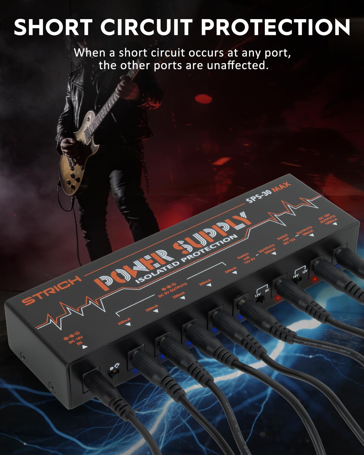 STRICH Guitar Pedal High Power Supply, Pedalboard Power Supply with 8 Totally Independent DC 9V/12V/18V Outputs(200mA/300mA/1000mA) for Power-hungry Effect Pedal, SPS-30 MAX
