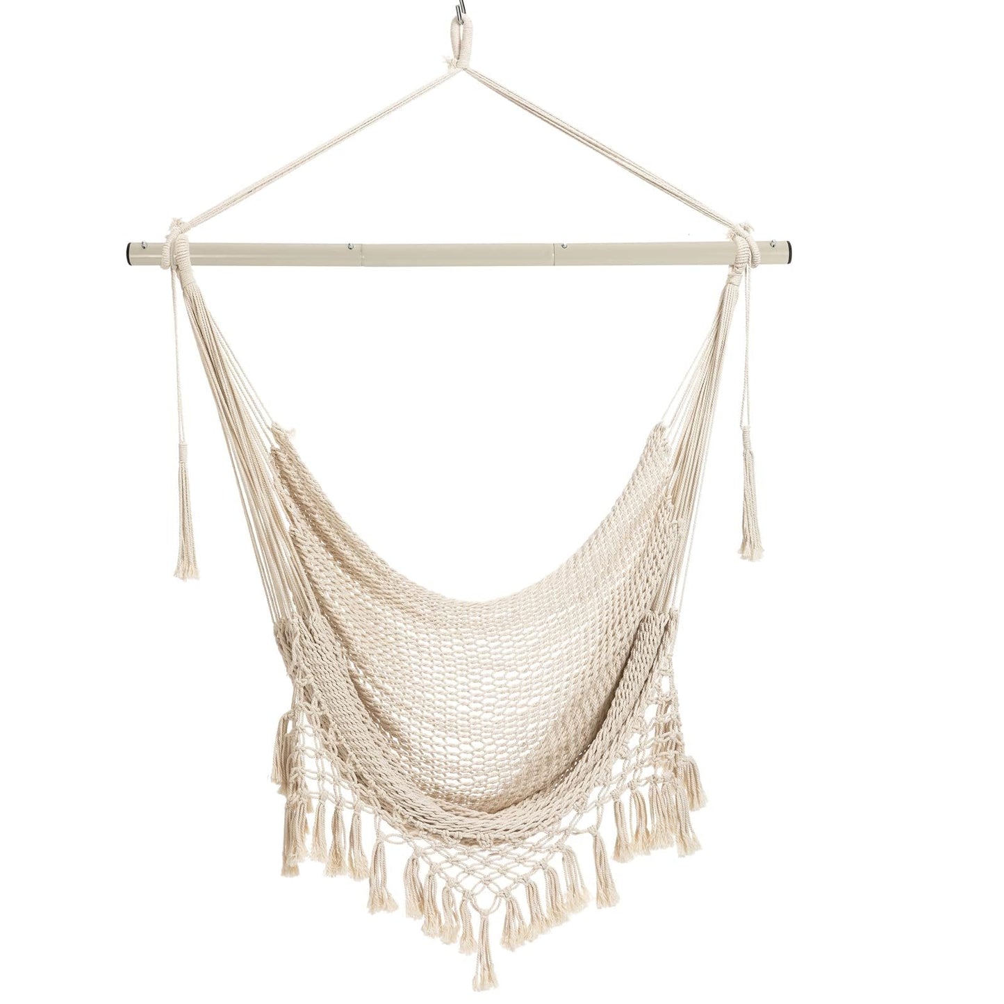 Hammock Chair, Large Hanging Chair, Soft Cotton Rope Swing Chair with High Load-Bearing Metal Rod,Indoor Outdoor Garden Yard Living Room Beige