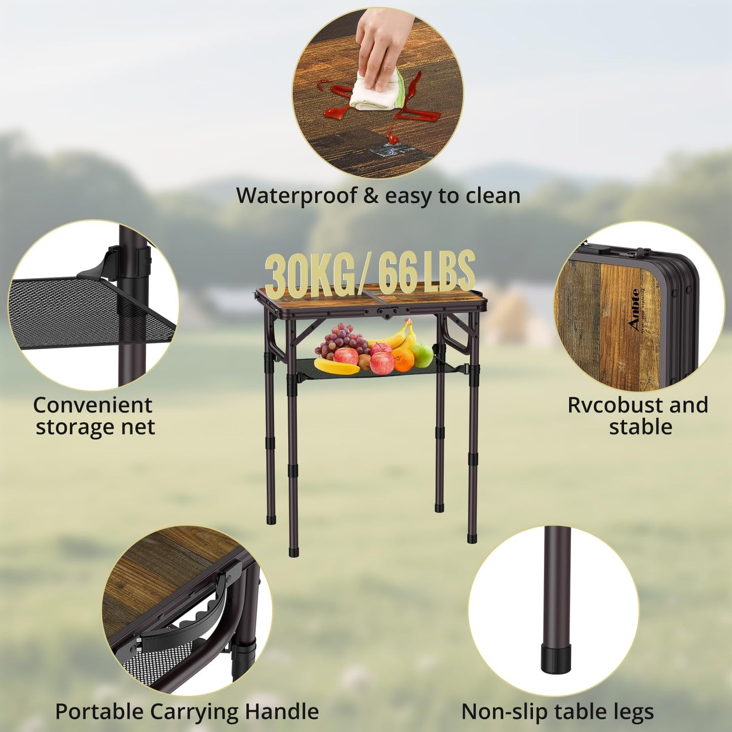 Anbte 2ft Camping Table Foldable with Storage Net, 3 Adjustable Heights 27.5" Aluminum Small Portable Table with Carrying Handle, for Outdoor Indoor Picnic Beach Party Travel, 24" X 16", Brown
