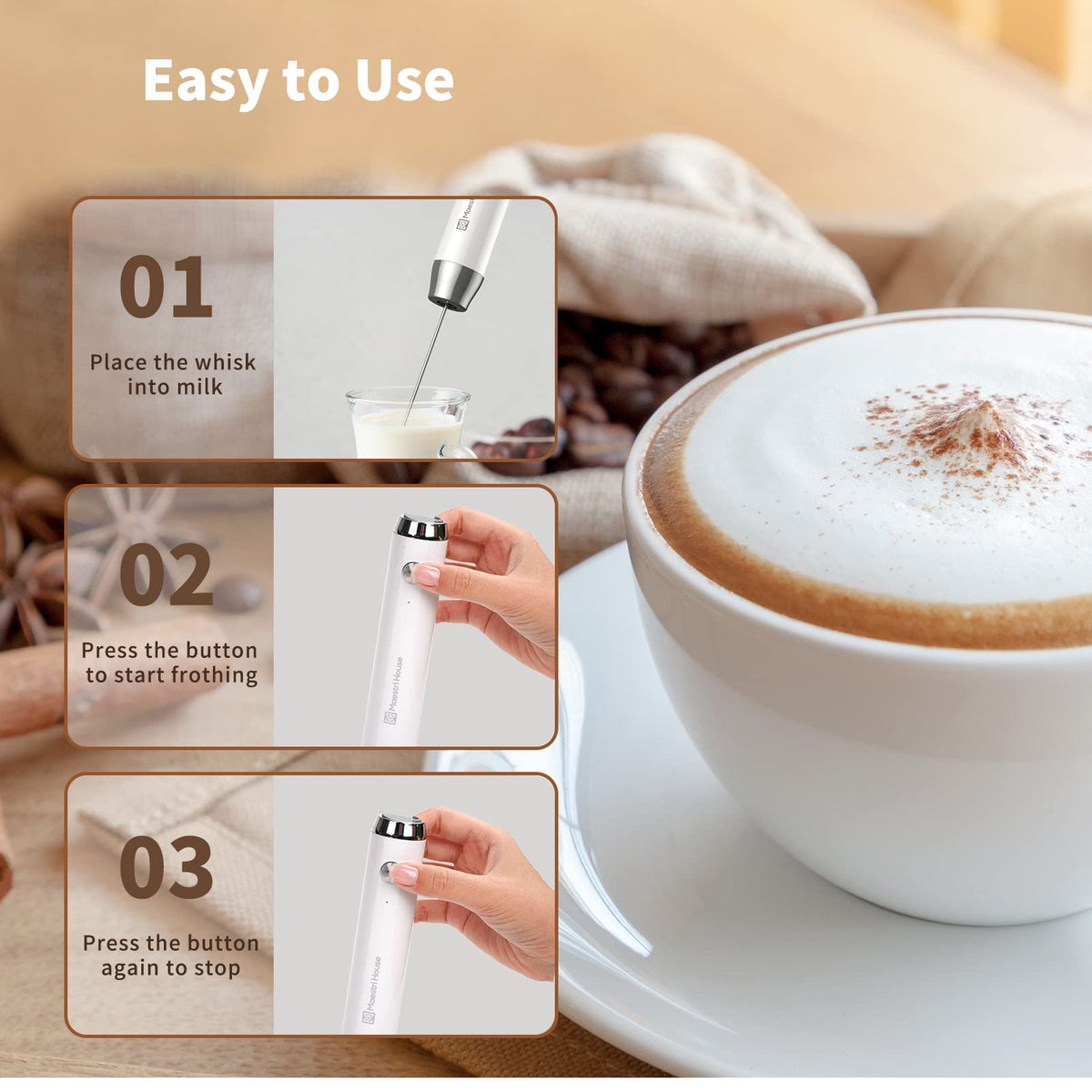 Maestri House Rechargeable Milk Frother, Handheld Electric Foam Maker Waterproof Detachable Stainless Steel Whisk Drink Mixer Foamer with Stand, LunaFro