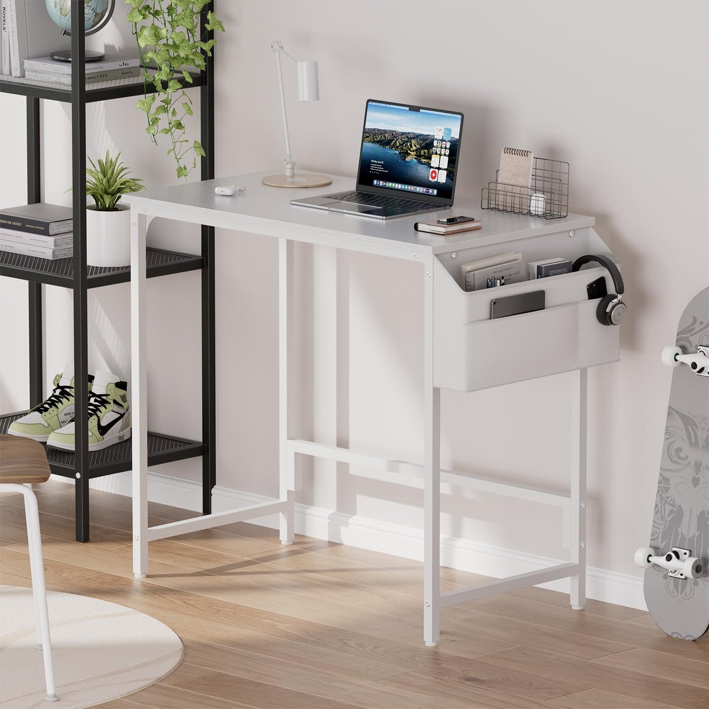 HLDIRECT 32 inch Computer Desk with Storage Bag, Home Office Desks for Small Spaces Modern Study Writing Desk with Adjustable Footpads Simple PC Gaming Desk for Home, Office(White, 32x16in)