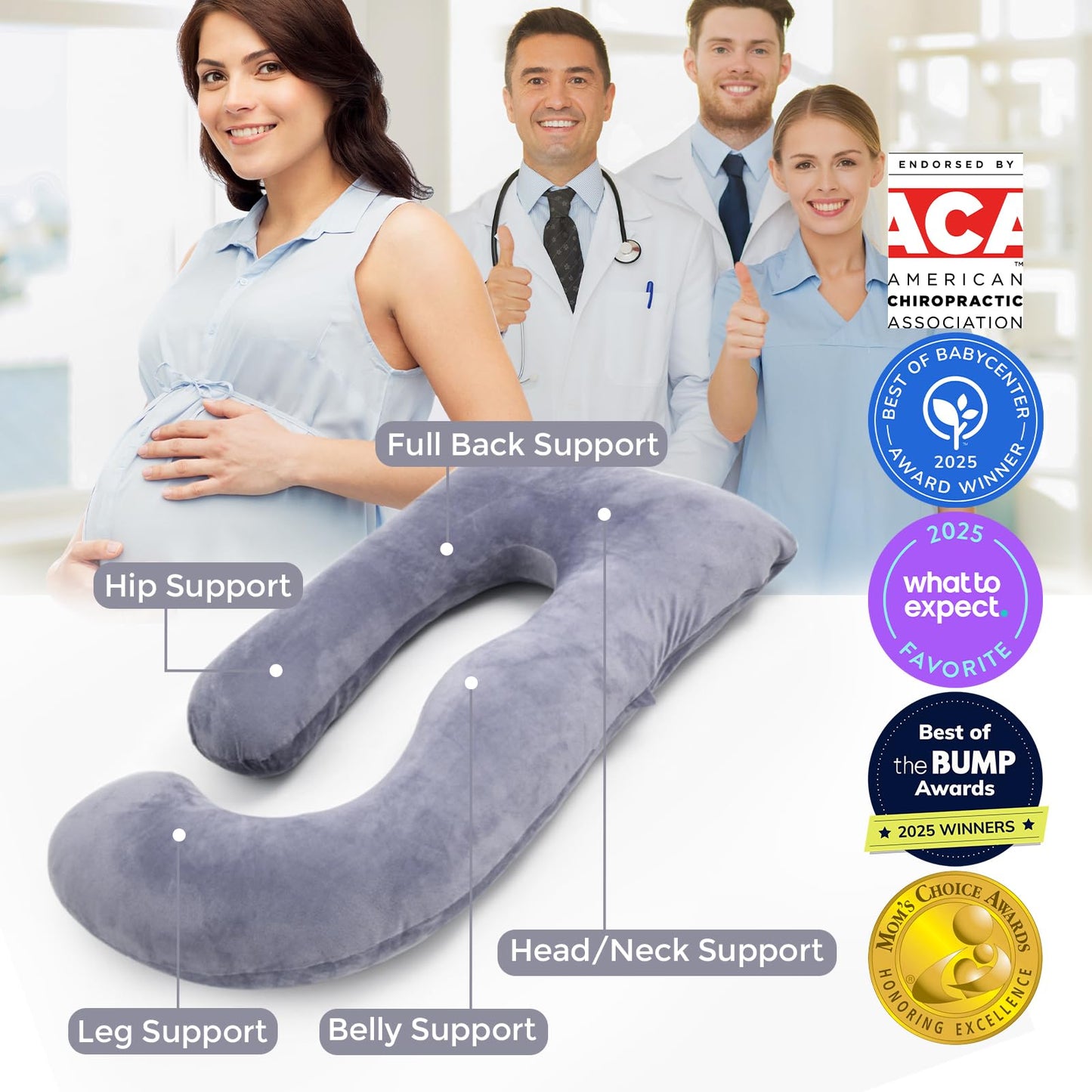 Momcozy Pregnancy Pillows for Sleeping, U Shaped Full Body Maternity Pillow with Removable Cover - Support for Back, Legs, Belly, HIPS for Pregnant Women, 57 Inch Pregnancy Pillow for Women, Grey