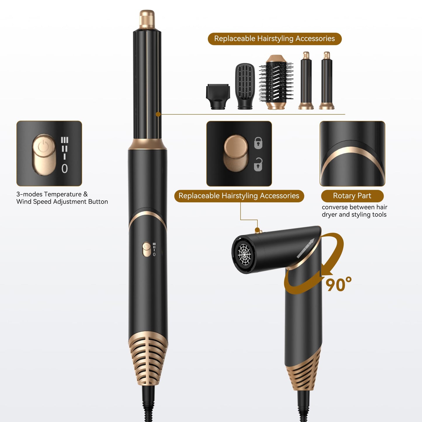 5 in 1 Blow Dryer Brush,Hair Dryer Brush with Detachable Air Styler,Negative Ionic Magic Hair Styler,Hot Air Brush for Women Volumizer,Straightener,Drying