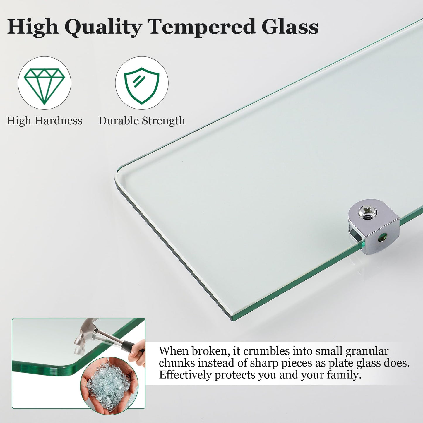 Sayayo Bathroom Shelves Glass Shelf 15 Inch, Floating Shelves Wall Mounted Rectangular Tempered Glass Wall Shelves, Polished, 2 Pack, CGBL1012R-C-2P