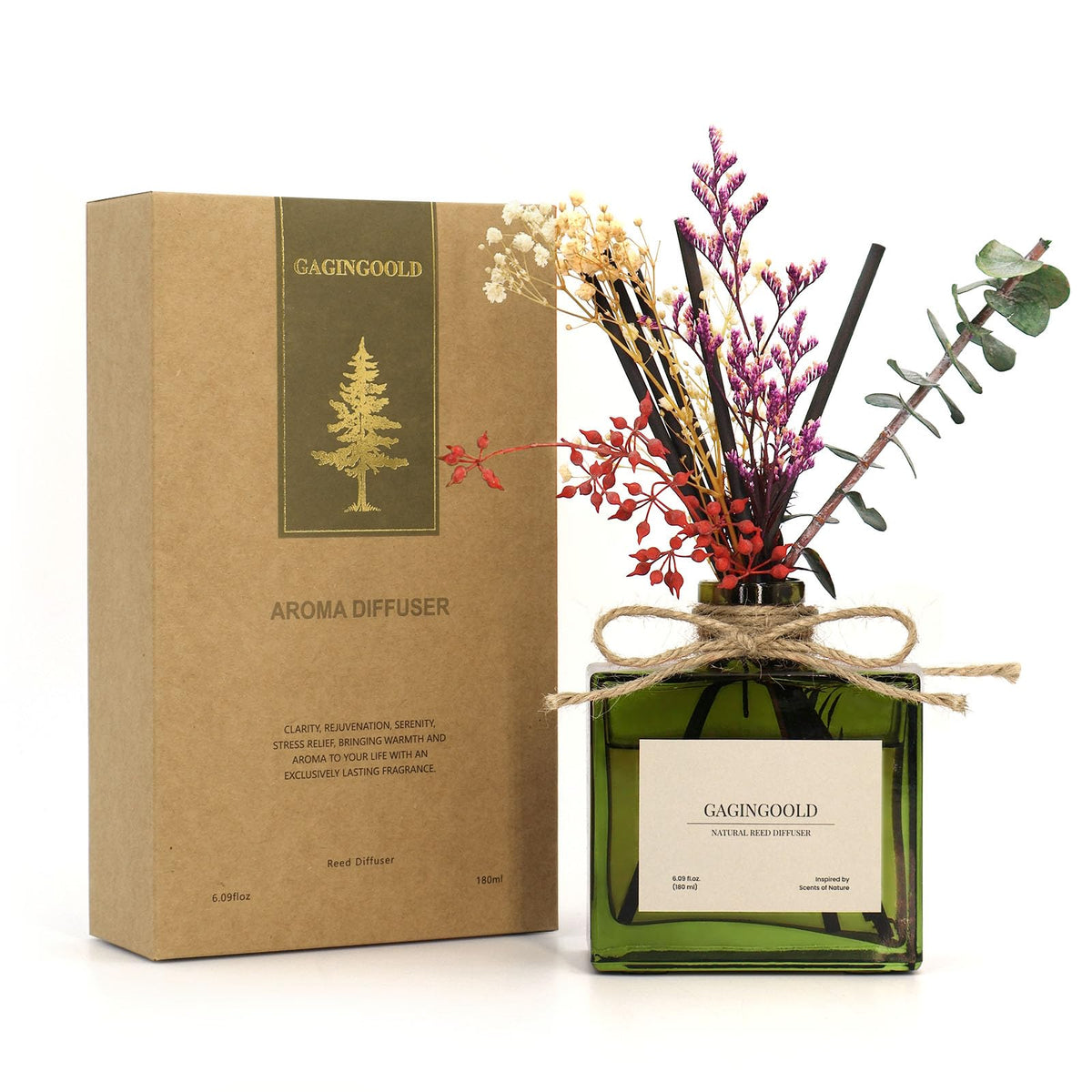 GAGINGOOLD Sandalwood Reed Diffuser, 180 ML Aromatherapy Diffuser with Dried Flowers, Premium Scented Fragrance for Home Decor Gift with 10 Natural Sticks, Long-Lasting Fragrance Up to 120 Days