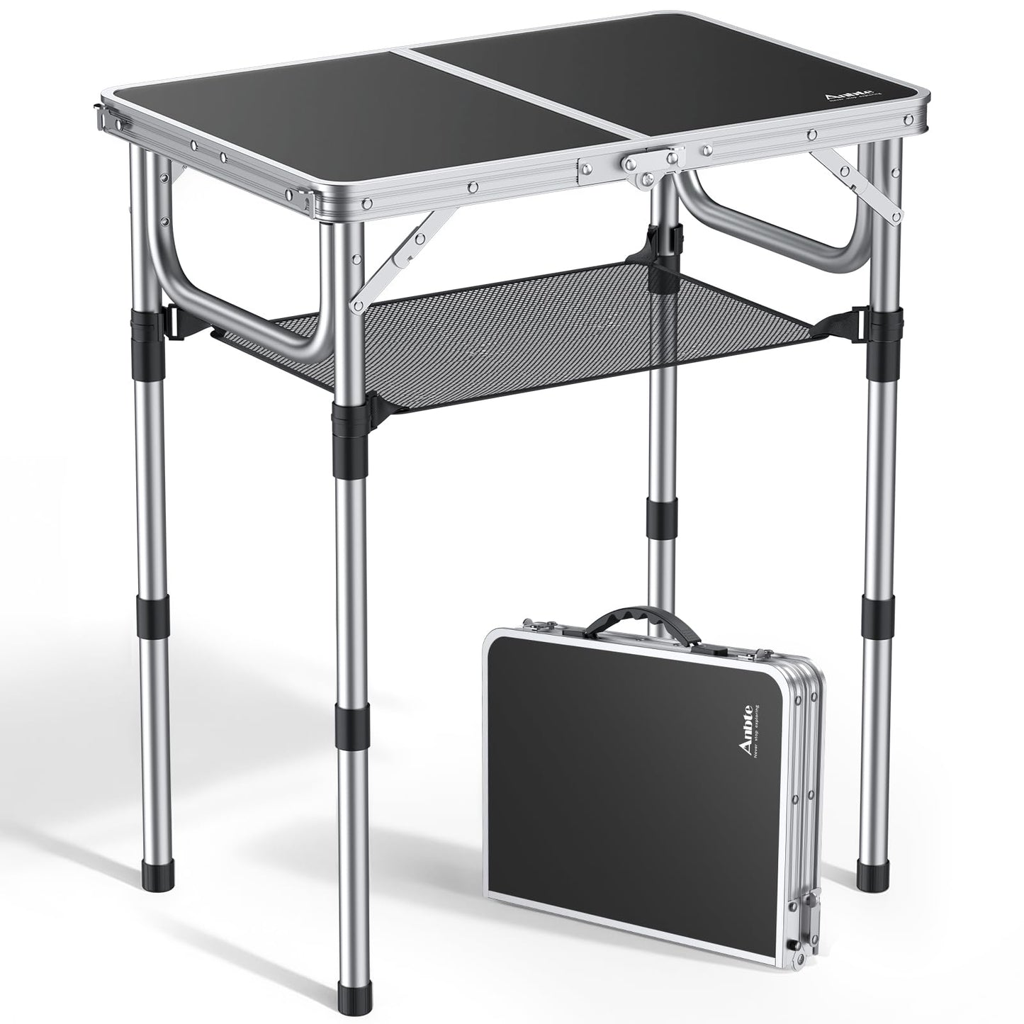 Anbte Folding Camping Table with Storage Net, 3 Adjustable Heights Aluminum Outdoor Tables, Lightweight, Waterproof, for Outdoor Indoor Picnic Beach Kitchen Picnic Backyard, 24" x 16", Black