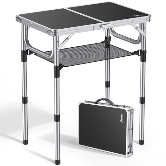 Anbte Folding Camping Table with Storage Net, 3 Adjustable Heights Aluminum Outdoor Tables, Lightweight, Waterproof, for Outdoor Indoor Picnic Beach Kitchen Picnic Backyard, 24" x 16", Black