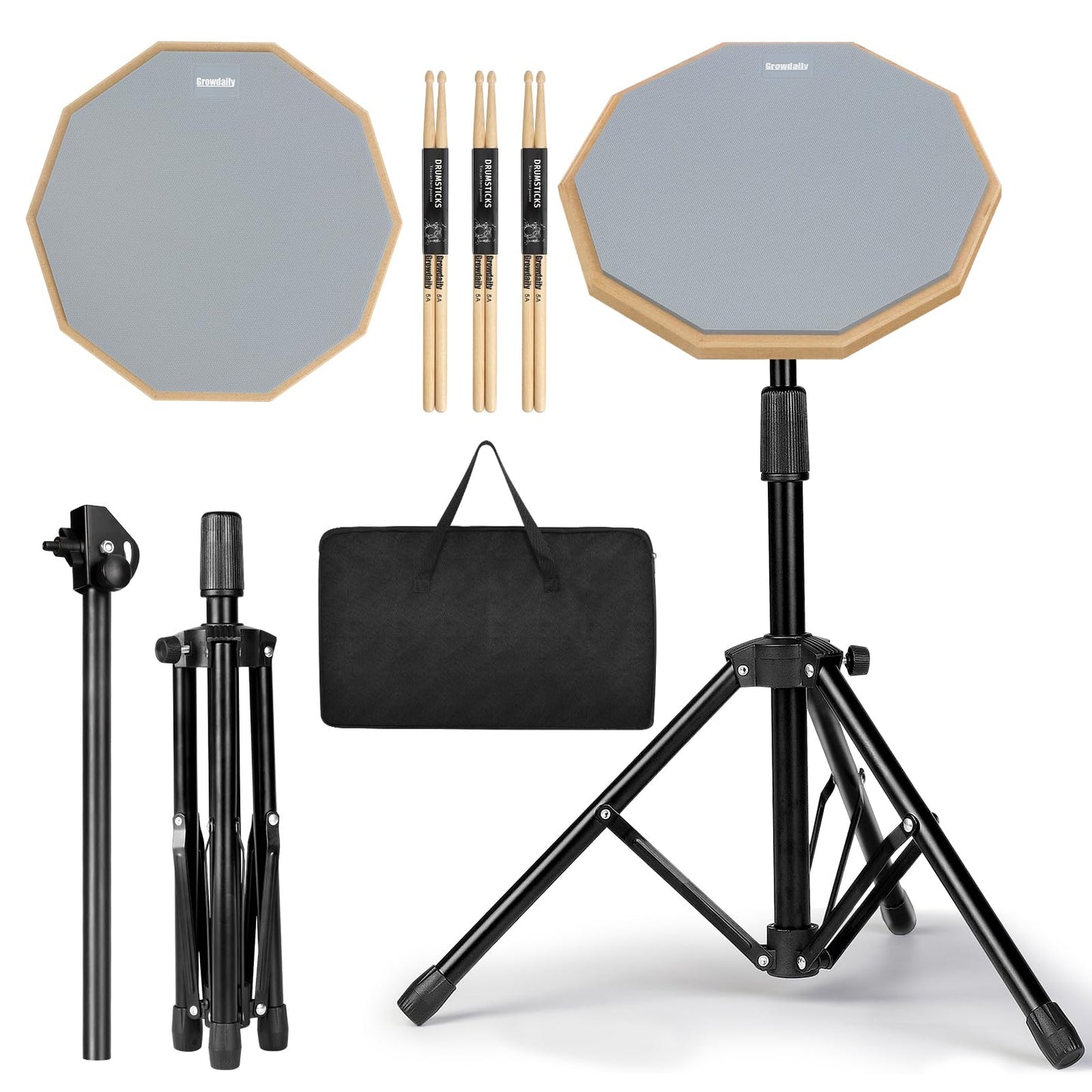 Drum Practice Pad Snare Drum Stand Set 12 In With Double Sided Silent Drum Pad, Drum sticks,Carrying Bag Adjustable Stand (Grey)