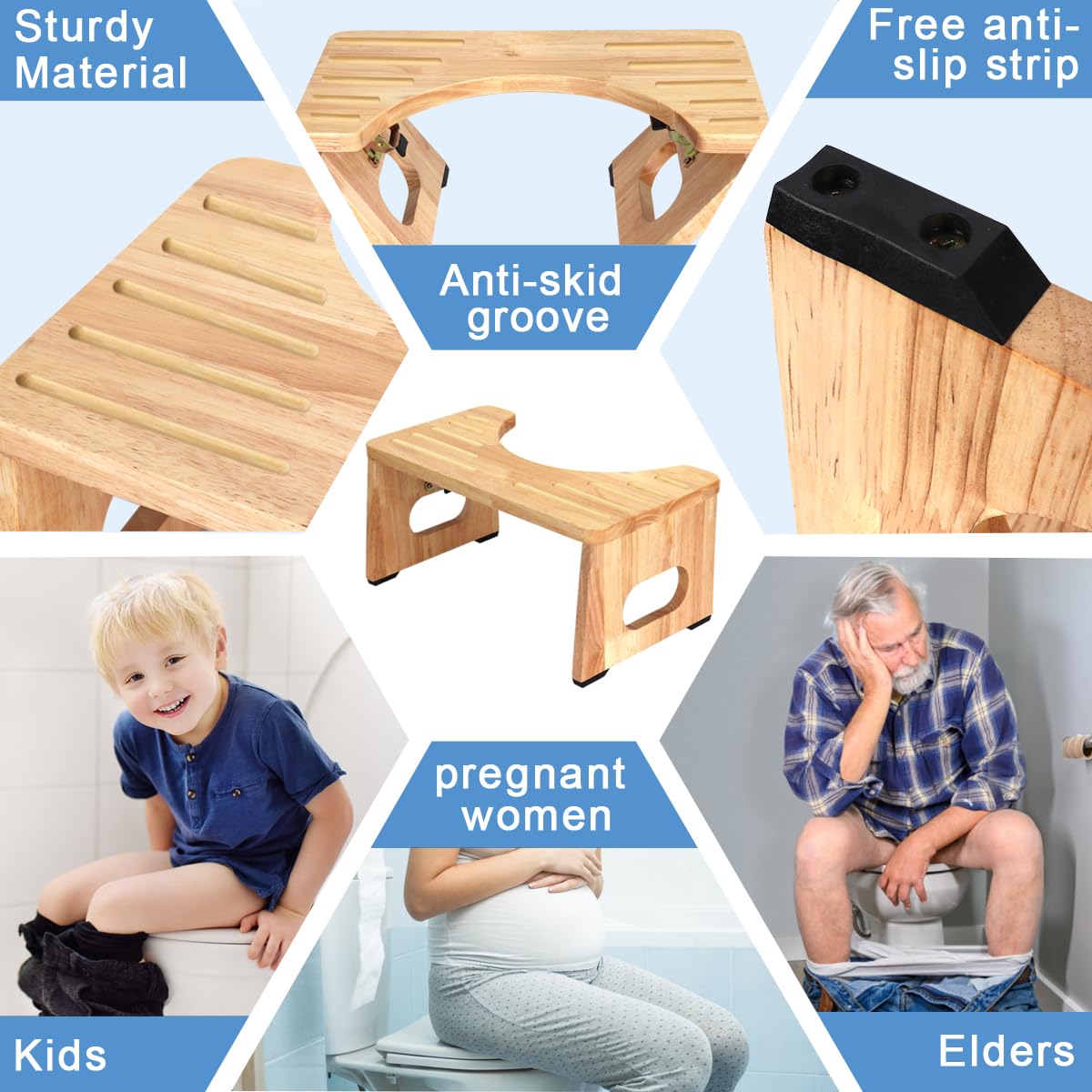 Foldable Toilet Potty Stool for Adults, 7" Wood Portable Squatting Poop Foot Stool, Bathroom Non-Slip Toilet Assistance Step Stool - Gifts for Kids Seniors