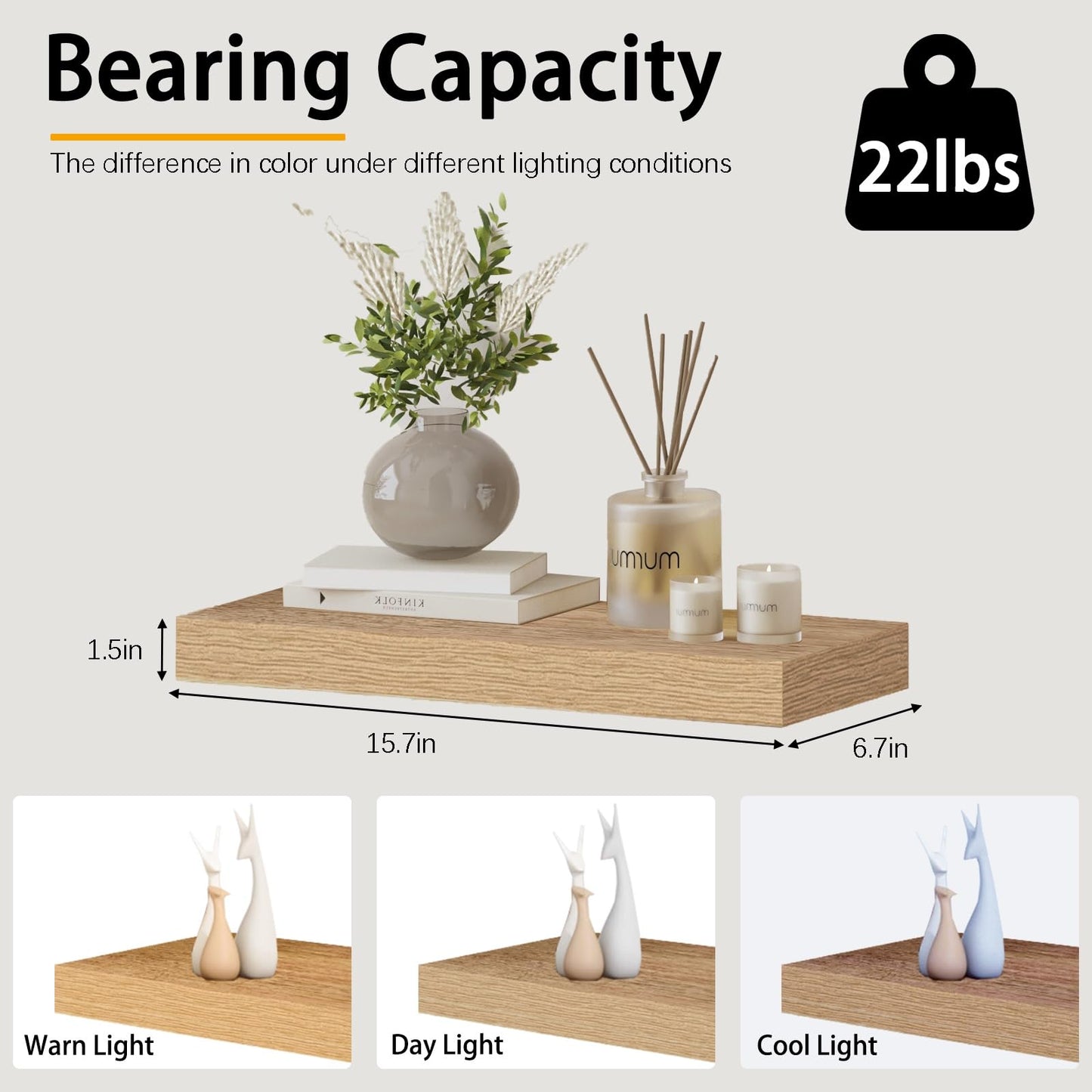 INHABIT UNION Oak Floating Shelves Wood for Wall 15.7in Wall Mounted Display Ledge Shelves Perfect for Bedroom, Bathroom, Living Room and Kitchen Decoration Storage(Set of 2)