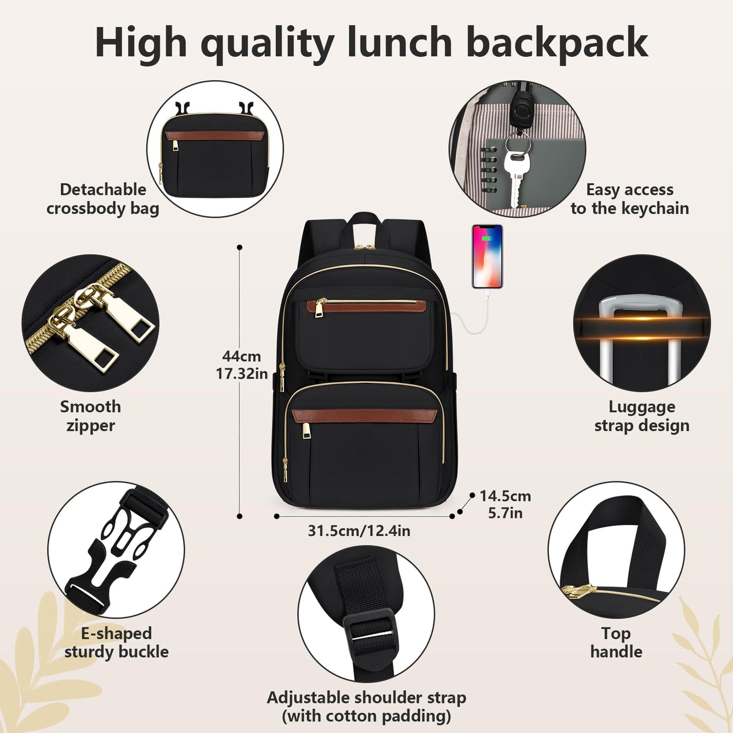 Lunch backpack for Women 15.6 Inch Laptop Backpack With USB Port Travel Backpack With Detachable Bag Work Backpack With Lunch Compartment Water Resistant Computer Backpack for College Business