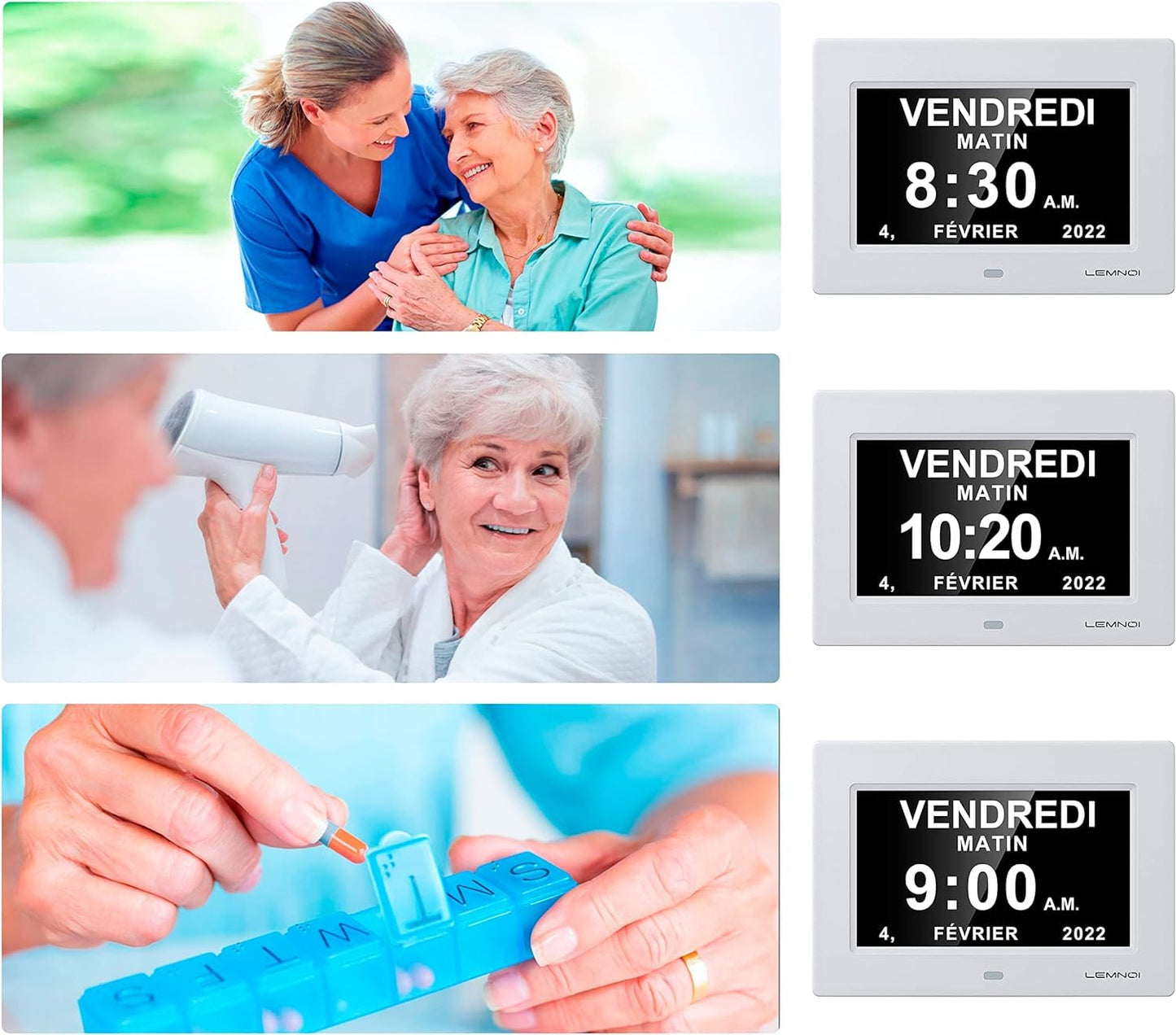 Lemnoi 7'' LCD Digital Day Clock Calendar with Date/Day/Time, 8 Languages Auto-Dimming Digital Clock with 12 Programmable Alarms, Reminders Clock for Alzheimer Elderly & Child (White)