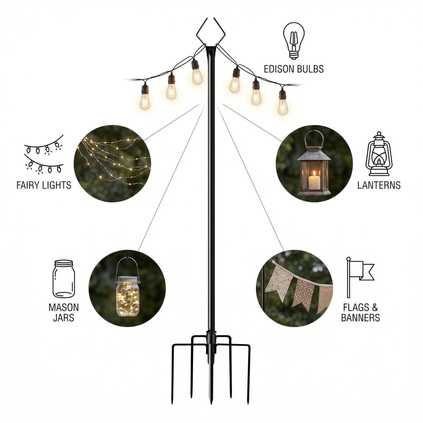 10FT String Light Poles 4 Pack, Outdoor Metal Light Stands with Fence Brackets for Hanging Lights, Patio, Pergola, Garden, Backyard, Yard & Camping Use