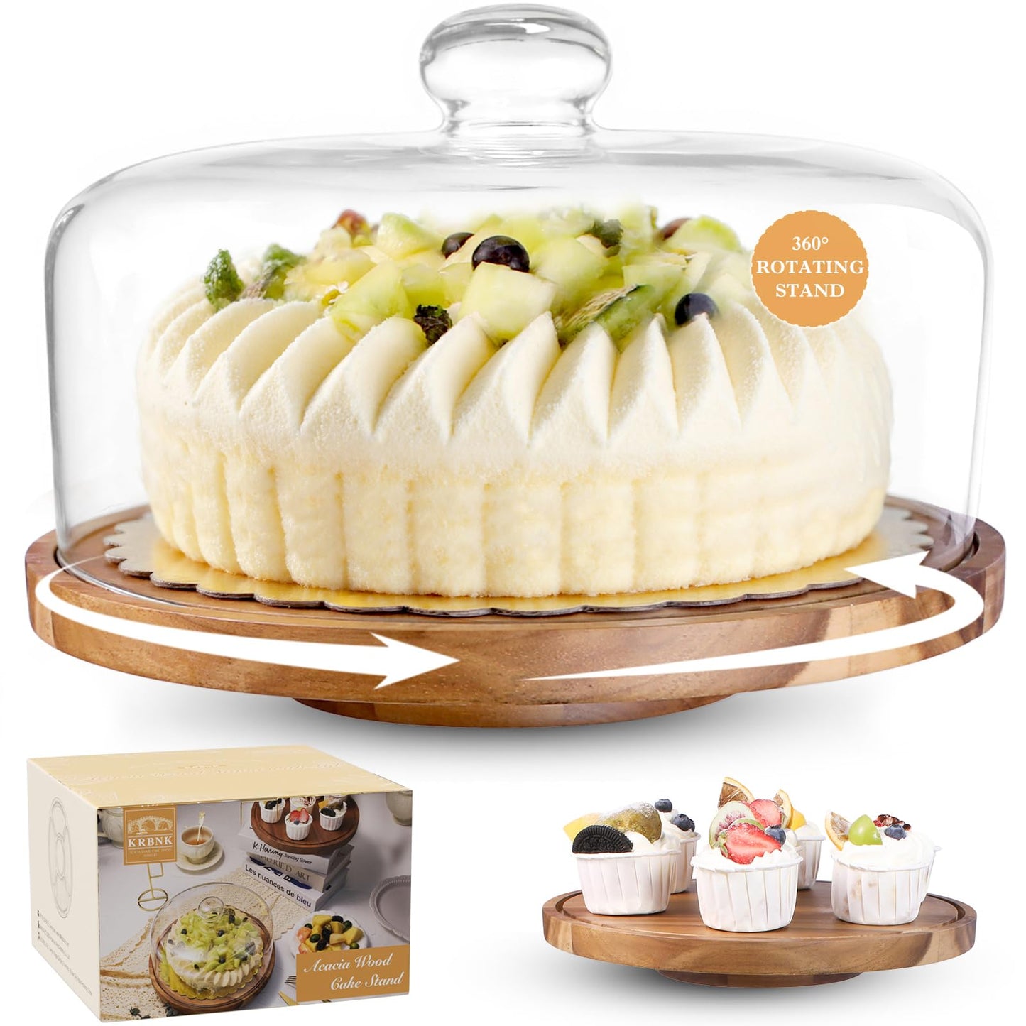 Glass Cake Stand with Dome Lid, 12" Rotating Acacia Wood Cake Plate with Lid, Includes 2 Extra Cake Boards, Round Cake Holder for Wedding, Birthdays, Party Display, Charcuterie Tray